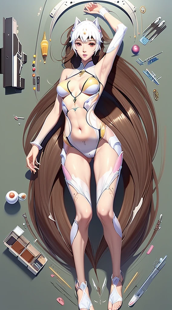 A Female robot exposes her inside mechanical organ. spread legs, nude, banzai pose. she wears no dress. Her Brown very short pigtails is tied with two big red clothespins, masterpiece, mature, android, blue eyes, full body figure, Height: 160cm, flushed cheeks, Uplifting, No NSFW, whole body, barefoot, archaic smile, orgasm, sweat bucket. no panties, full body shot, floating hair, looking away. cyborg made from rung to heaven. She leans arching her back hi-res position. lay in bed.