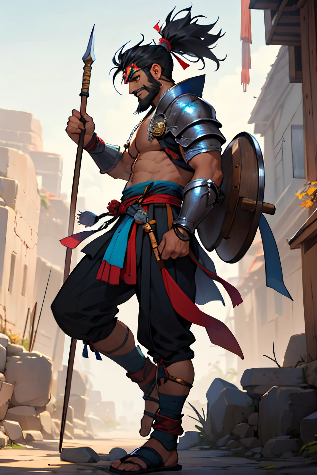 perfect face, anime style, best quality detailing, eyes open.
Indian hindu warrior, man. Indian Man having Mahadev tilak on his forehead, wearing a armor and holding a spear in his right hand. Focus on his face . Face should be detailed and perfect with a indian style beard. Black hair. Make the tilak narrow. beard smaller from the chin. Standing straight. from the right angle. Full body character