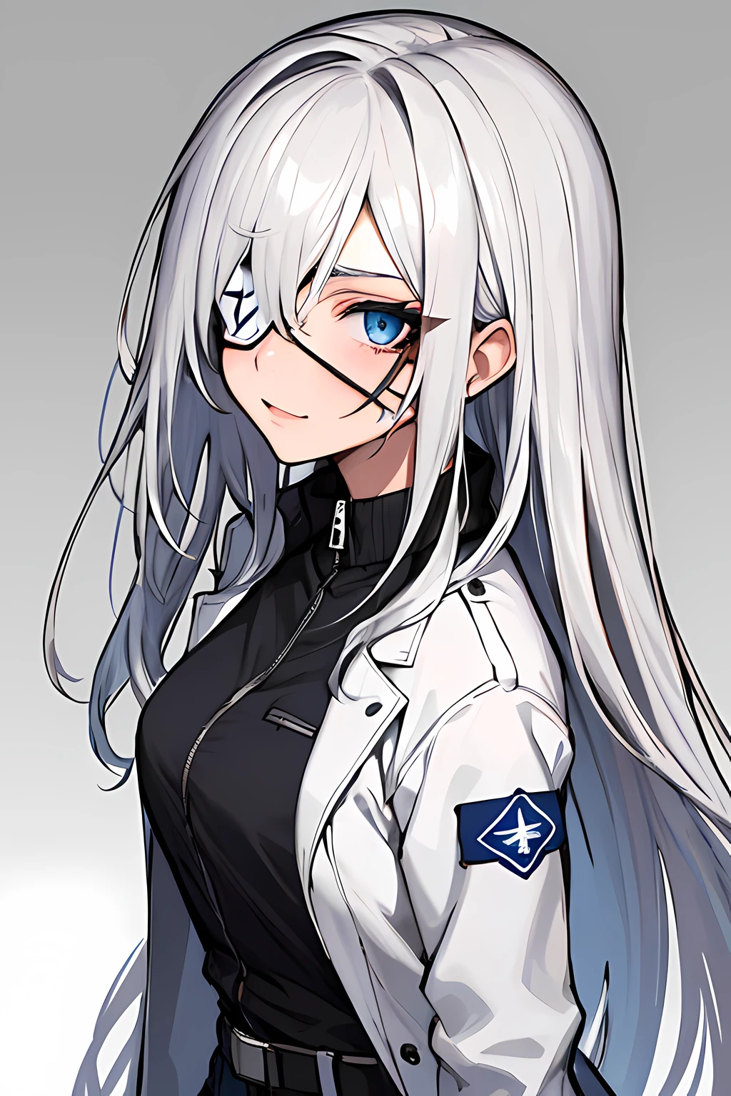 (absurdres, 8k, 4k, masterpiece, hyper extreme detailed:1.2), solo, 1girl, portrait, best quality, expressive eyes, perfect face, portrait, looking at viewer, solo, standing, casual wear, toned, white haired, eye patch, braided hair, long hair, medium breasts, scars, blue eyes, very long hair, military, cargo pants, white jacket, military,
