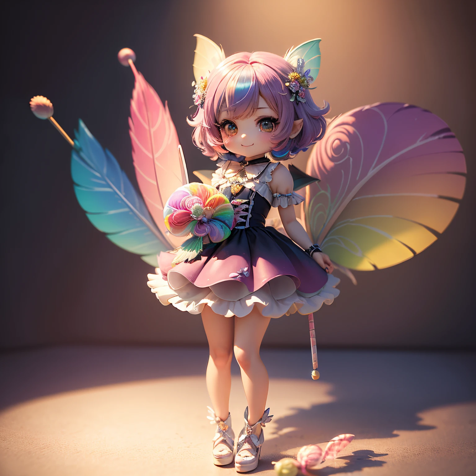 masterpiece、top-quality、ultra-detailliert、(Chibi Chara Fairy:1.27),(rainbow color gradation feathers:1.2),(holding a bouquet of lollipop candy:1.3),Fairytale Forest,a smile,Full-body standing figure
