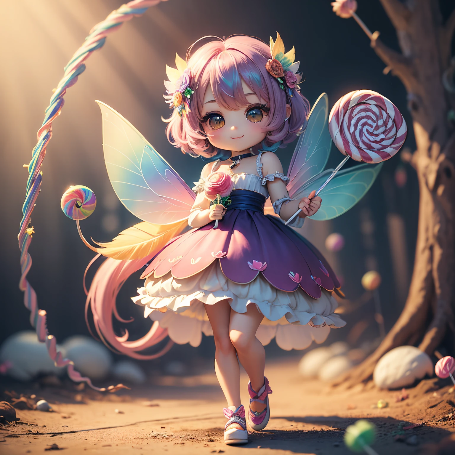 ​masterpiece、top-quality、ultra-detailliert、(Chibi Chara Fairy:1.27),(rainbow color gradation feathers:1.2),(holding a bouquet of lollipop candy:1.3),Fairytale Forest,a smile,Full-body standing figure