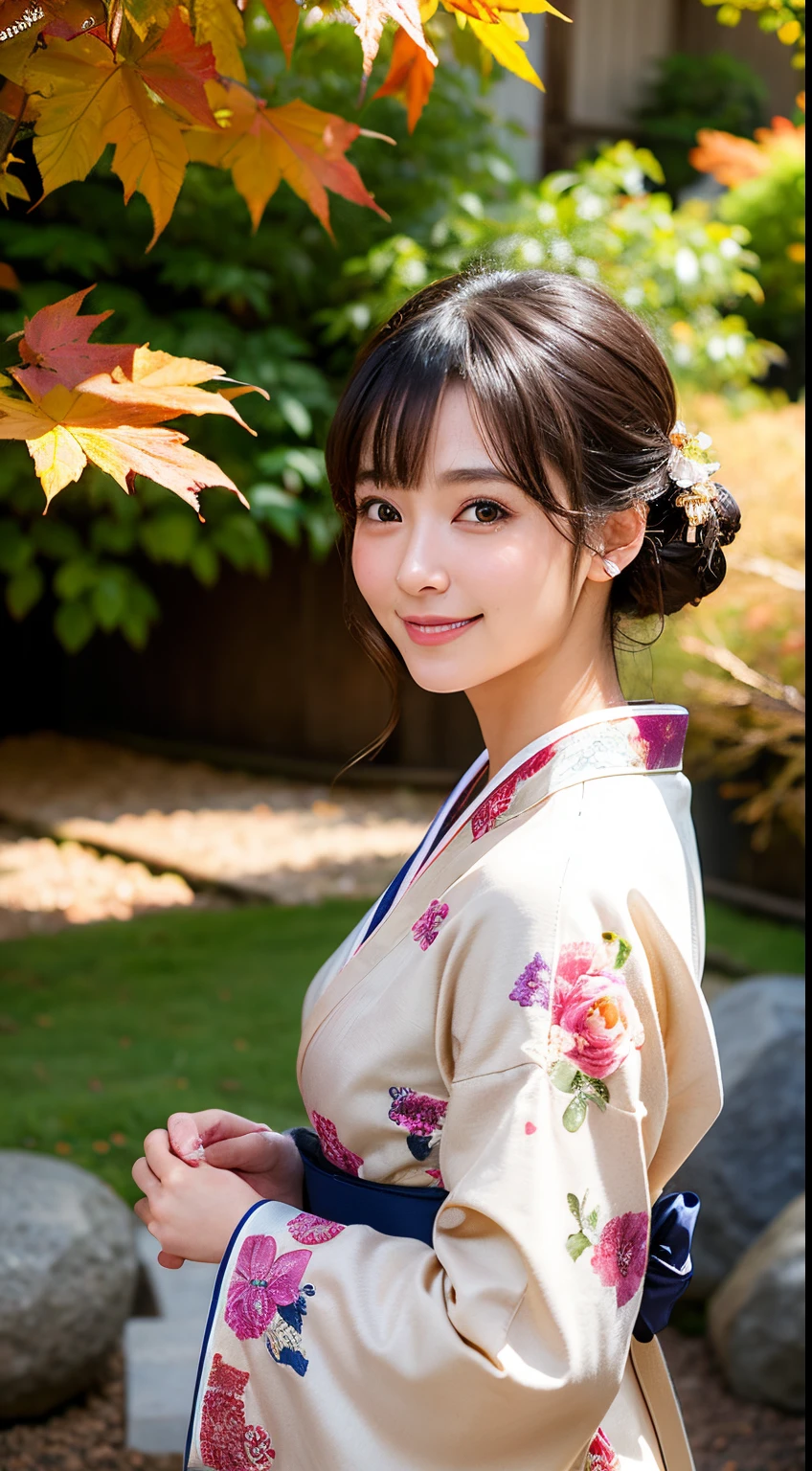 (Realistic:1.3), Rembrandt lighting, (masutepiece:1.2), (Photorealistic:1.2), (Best Quality), (Detailed skin:1.3), (Intricate details), Ray tracing,1girl in, japanaese girl, 21 years old, Detailed skin texture, (blush:0.5), Subsurface scattering, Smiling, updo hair, Bangs, hair between eye, Hair ornaments, Kimono, with floral pattern, wearing edgJF_Kimono, Seiza (bright sunny day, Autumn setting, Autumn trees々and leaves, (a Zen garden:1.2)