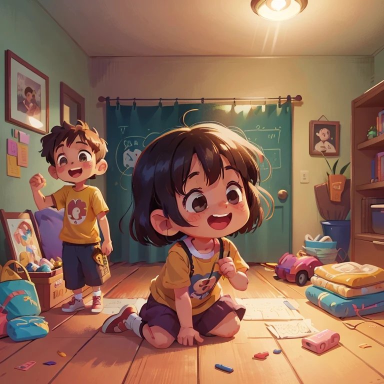 a (happy) is helping her friend (boy) look for a toy in his room