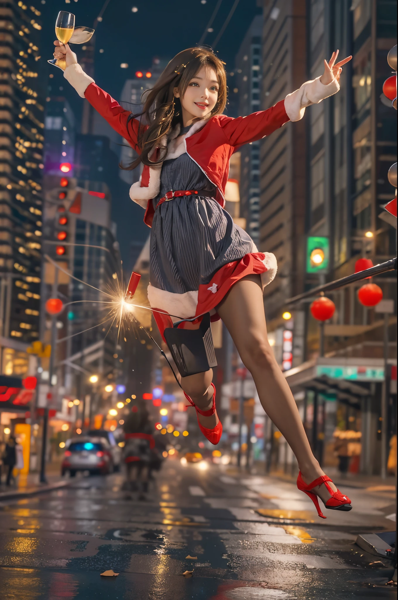 In the gorgeous cityscape on Christmas night, Imagine a brunette woman around 28 years old..., she is wearing a santa themed costume、My hair is unkempt.. Her bright smile conveys joy as she hands out champagne to the viewers.... The color palette should primarily feature red and green, Express your vibrant holiday spirit.beautiful foot、opening legs