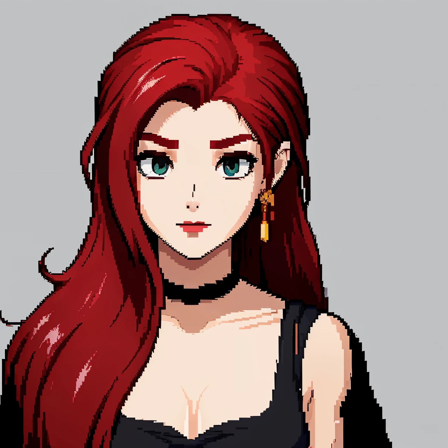 a girl with long red hairs. No background, Black Eyes, black lipstick, Gothic, Small breasts, Whole upper body view, Tileset, game assets, waqf style, dofus, RPG Maker, RPG Maker MV, High color saturation, pixel art