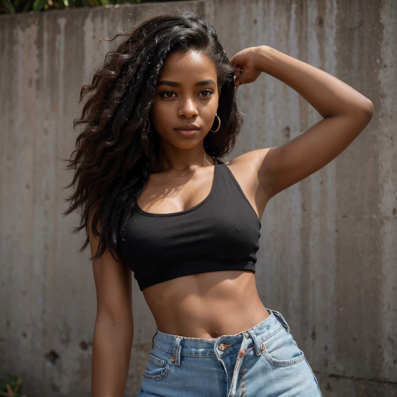 mulher arafa encostada em uma parede com uma regata branca, mulher jovem negra, jovem mulher negra, beautiful city black woman only, Bonito midriff, tinyest midriff ever, adolescente negra, foto de uma mulher negra, Mulher jovem afro-americana, pele escura, midriff nu, cintura para cima retrato