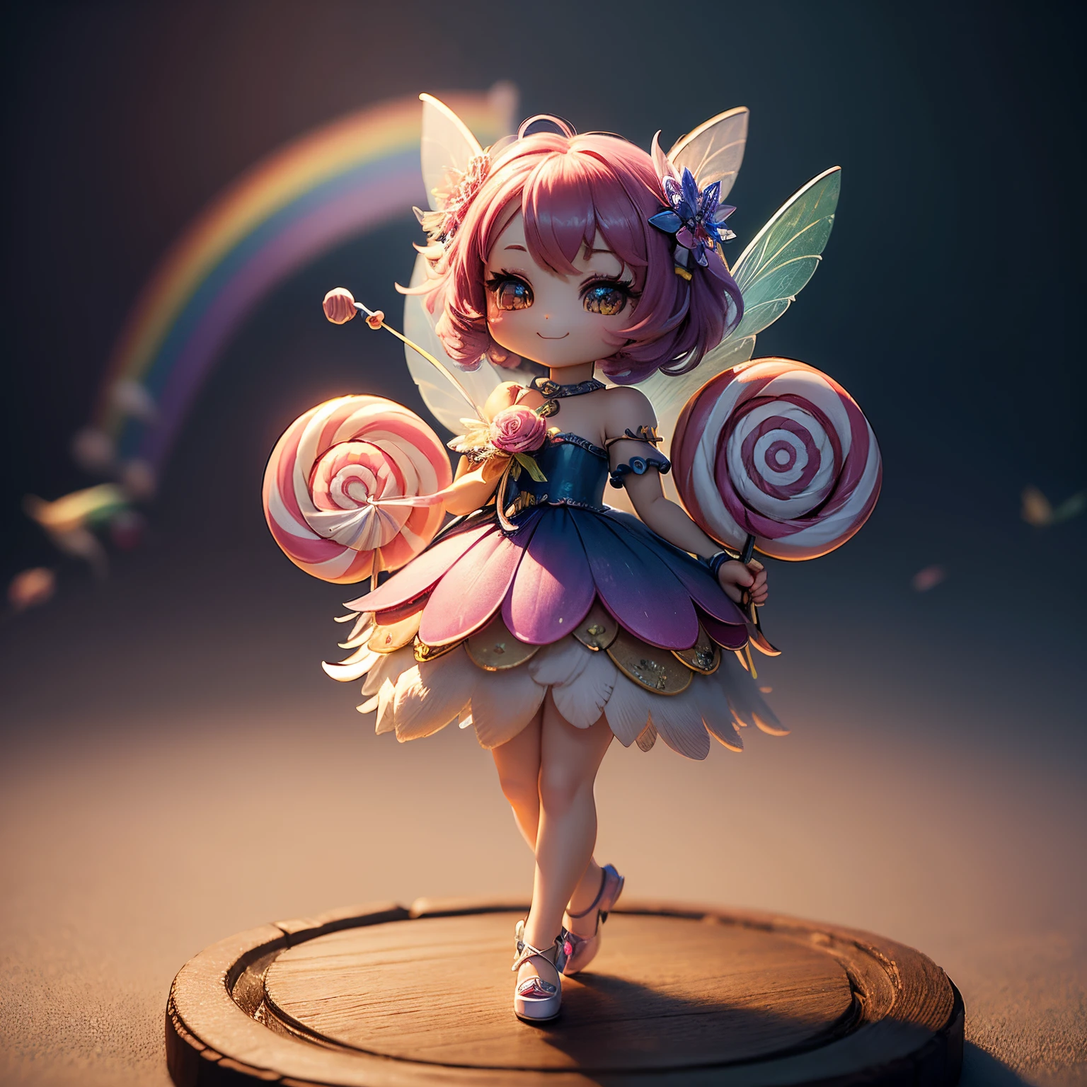 ​masterpiece、top-quality、ultra-detailliert、(Chibi Chara Fairy:1.27),(rainbow gradient feathers:1.2),(holding a bouquet of lollipop candies:1.3),The background is a fairytale forest,A smile,Full-body standing figure