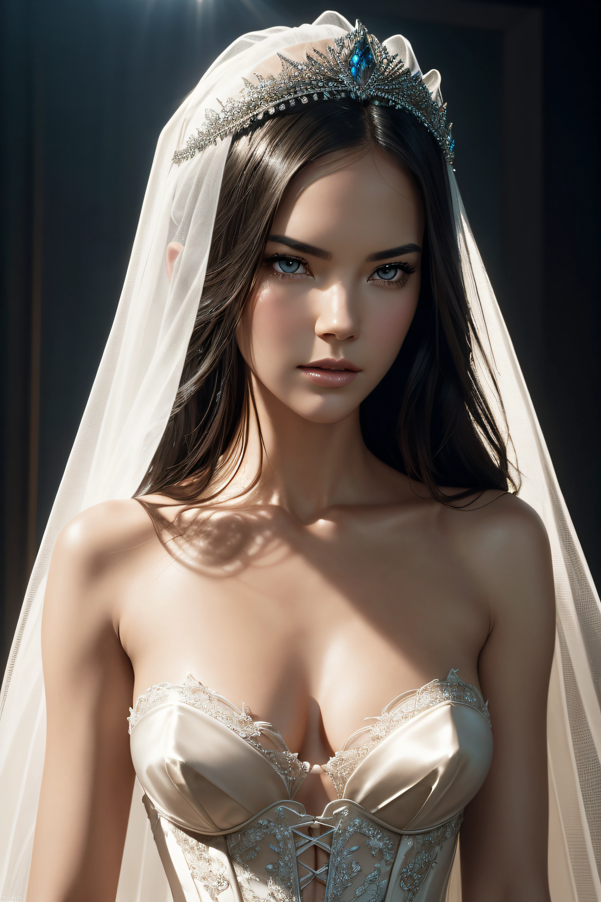 Odette Annable, wearing nude veil bride tiara corset sexy clothes transparent. professionally retouched, soft lighting, realistic, smooth face, perfect eyes, sharp focus on eyes, 8 k, high definition, insanely detailed, intricate, elegant. in a natural background.