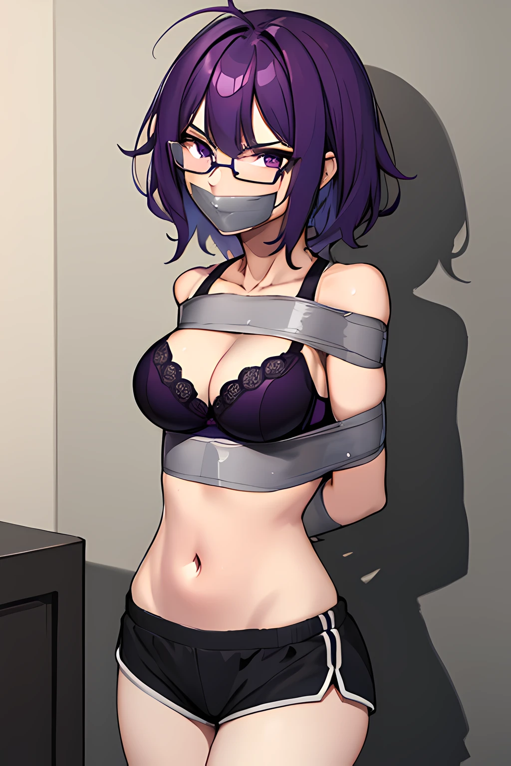 (masterpiece), best quality, expressive eyes, highres, anatomically correct, 1girl, perfect face, perfect hands, female, short hair, messy hair, wavy hair, purple hair, side bang, purple eyes, fair skin, medium chest, slight smirk, bondage, tied up, restrained, restricted, tied, harness, rope, arms behind back, hands behind back, purple glasses, purple workout bra, short gym shorts, gloves, gagged