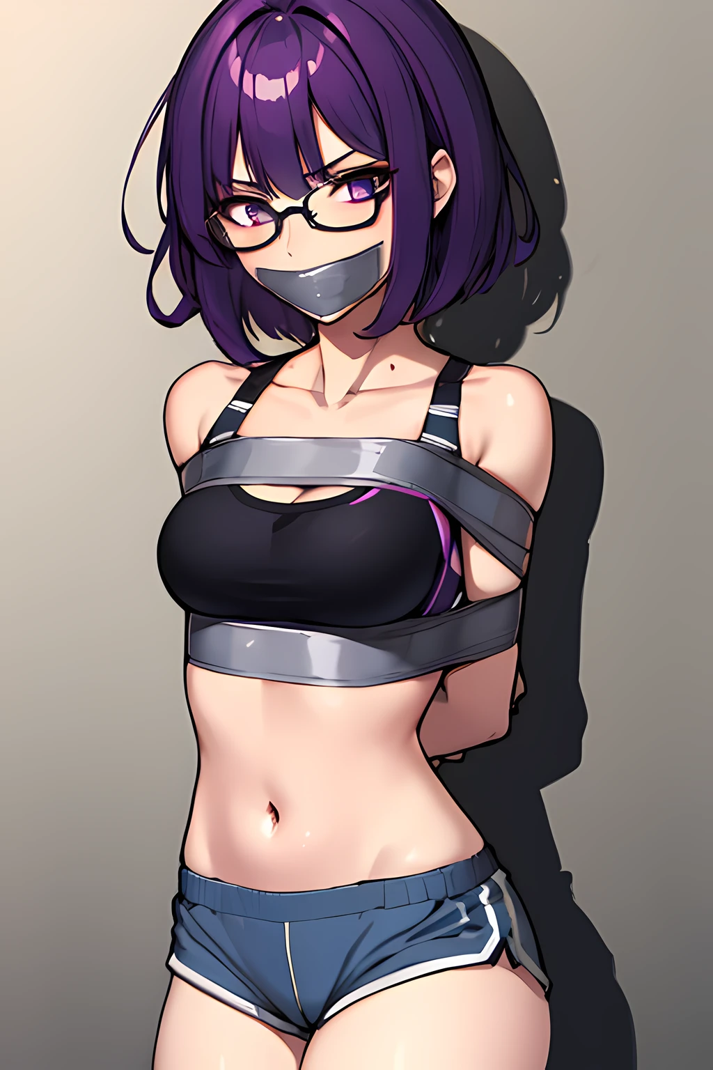 (masterpiece), best quality, expressive eyes, highres, anatomically correct, 1girl, perfect face, perfect hands, female, short hair, messy hair, wavy hair, purple hair, side bang, purple eyes, fair skin, medium chest, slight smirk, bondage, tied up, restrained, restricted, tied, harness, rope, arms behind back, hands behind back, purple glasses, purple workout bra, short gym shorts, gloves, gagged