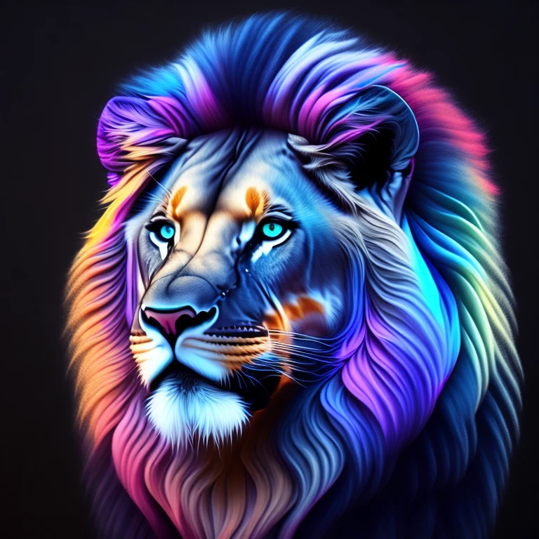 intricate and colorful, (digital painting:1.2) lion's head, bright neon fur, portrait, concept art, octane render, trending on artstation, neon- background, iolibt, vfx, Blender and Photoshop, octane render, excellent composition, cinematic atmosphere, dynamic dramatic cinematic lighting, aesthetic, very inspirational, arthouse,(dark plain black background:1.4))