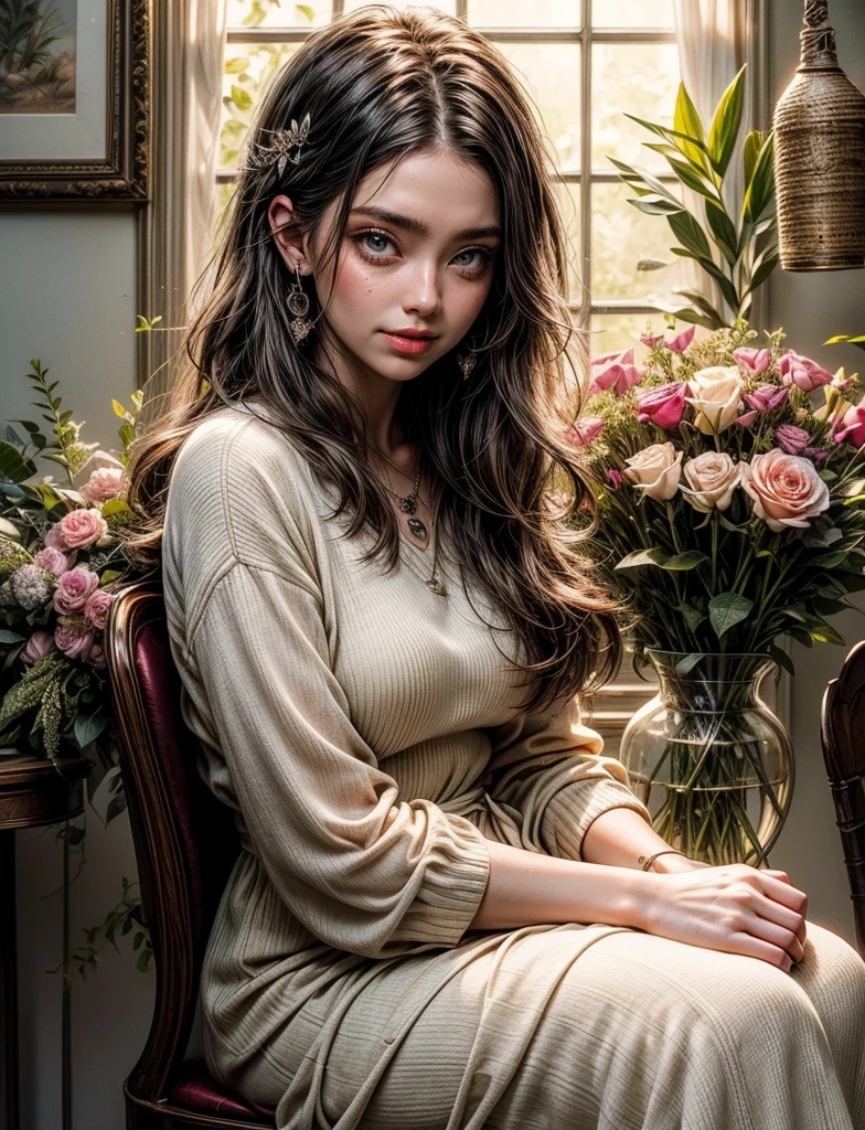 A beautiful female flower shop owner with kind eyes and a warm smile. She has long dark brown hair styled in a loose braid that falls gracefully over her shoulder. The sunlight streams through the window, casting a soft glow on her face. She is dressed in a brown and white long dress, adding to her elegance and charm.

The flower shop is a cozy room in a cottage, filled with an abundance of colorful blooms. The shelves are lined with vases of various sizes, showcasing the exquisite arrangements that the owner has skillfully crafted. The air is fragrant with the scent of fresh flowers, creating a pleasant and inviting atmosphere.

The owner is sitting on a vintage chair, surrounded by vibrant flower bouquets. She radiates happiness as she carefully arranges each bouquet, ensuring that every stem and petal is in its rightful place. Her hands move gracefully, guided by her love and passion for her craft.

The room is adorned with floral-themed decorations, enhancing the magical ambiance. Delicate fairy lights twinkle overhead, creating a soft and enchanting glow. The walls are painted in pastel shades, complementing the blooming flowers and adding a touch of whimsy to the space.

The scene is bathed in the warm hues of fantasy 00, bringing an ethereal and dreamlike quality to the image. The colors are rich and vibrant, accentuating the beauty of the flowers and the owner's serene presence.

The lighting in the room is soft and diffused, casting gentle shadows that lend depth and dimension to the scene. The sunlight highlights the intricate details of the flowers, showcasing their delicate petals and vibrant colors.

With the prompt "(best quality,4k,8k,highres,masterpiece:1.2),ultra-detailed,(realistic,photorealistic,photo-realistic:1.37),flower shop owner,beautiful female,kind,long dark brown hair,loose braid,happy,brown and white long dress,sitting on the chair with flower bouquets,cozy room,cottage,fantasy 00", Stable Diffusion will generate a high-quality image that brings to life the enchanting world of a flower shop owner in a cozy cottage.