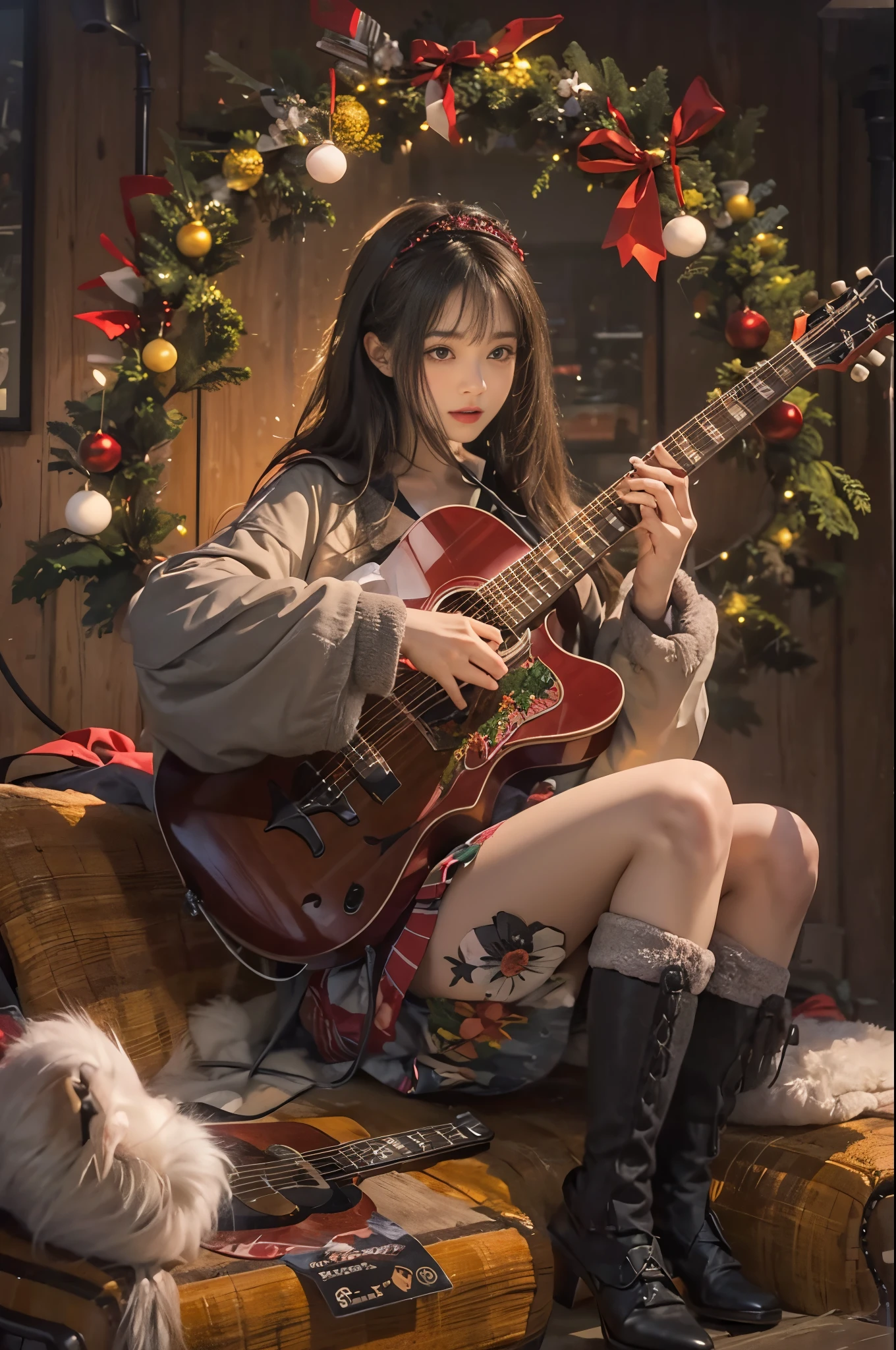woman sitting and playing guitar、28 year old、brunette disheveled hair、precision 6 string acoustic guitar:1.2、Anatomically correct fingers、acoustic guitar、1 guitar only、Please look straight ahead and sing、(Turn your face forward:1.2)、Christmas、santa costume、a miniskirt
