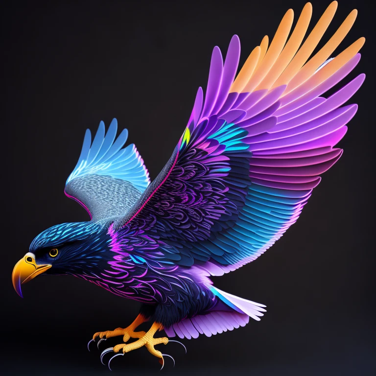 intricate and colorful, (digital painting:1.2) large eagle, bright neon plumage, flying with large wings and talons extended, concept art, octane render, trending on artstation, neon-noir background, iolibt, vfx, Blender and Photoshop, octane render, excellent composition, cinematic atmosphere, dynamic dramatic cinematic lighting, aesthetic, very inspirational, arthouse,(dark plain black background:1.4))