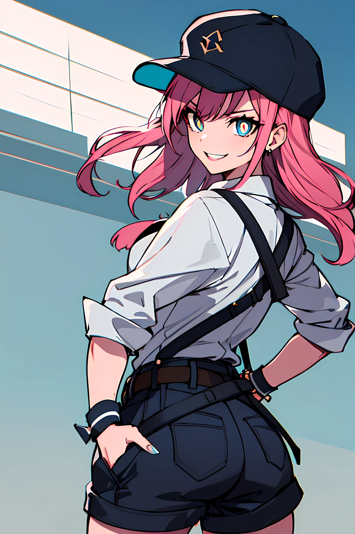 (absurdres, 8k, 4k, masterpiece, hyper extreme detailed:1.2), solo, 1girl, front view, perfect face, 1girl, portrait, expressive eyes, looking at viewer, solo, standing, mature female, pale, , looking forward, front view, confident, wind, windy, moving hair, front view, mature body, tomboy, , Newsboy Cap, long pink hair, black shorts, yellow belt, waist jacket, dark blue, medium bust, black wrist cuffs, black pupils, dark pink irises, hair down to back, egotistical, powerful, strong, proud, arrogant, ripped clothes, blue newsboy cap, right hand on hip, streetwear, fashionable, crazy face, crazy eyes, crazy smile, right bangs, necklace,