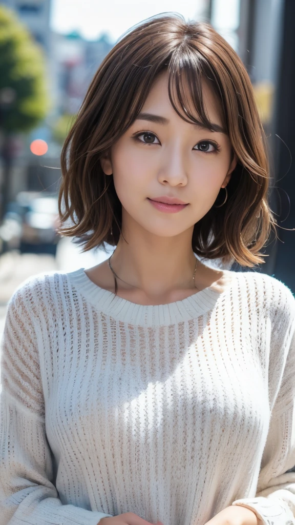 nsfw, (the Extremely Detailed CG Unity 8K Wallpapers,masutepiece, Best Quality, Ultra-detailed, Looking at the camera:1.2, Light on Face:1.5, Gray background, profetional lighting), Lives in Japan30Old Female、short-hair, A dark-haired, Plump facial contours:1.5, (tthin eyebrows:1.25), Big shining eyes, Undersized nose, Soft mouth, slender physique, (Shirt under sweater), Sincere impression, noble mix fix v3.0