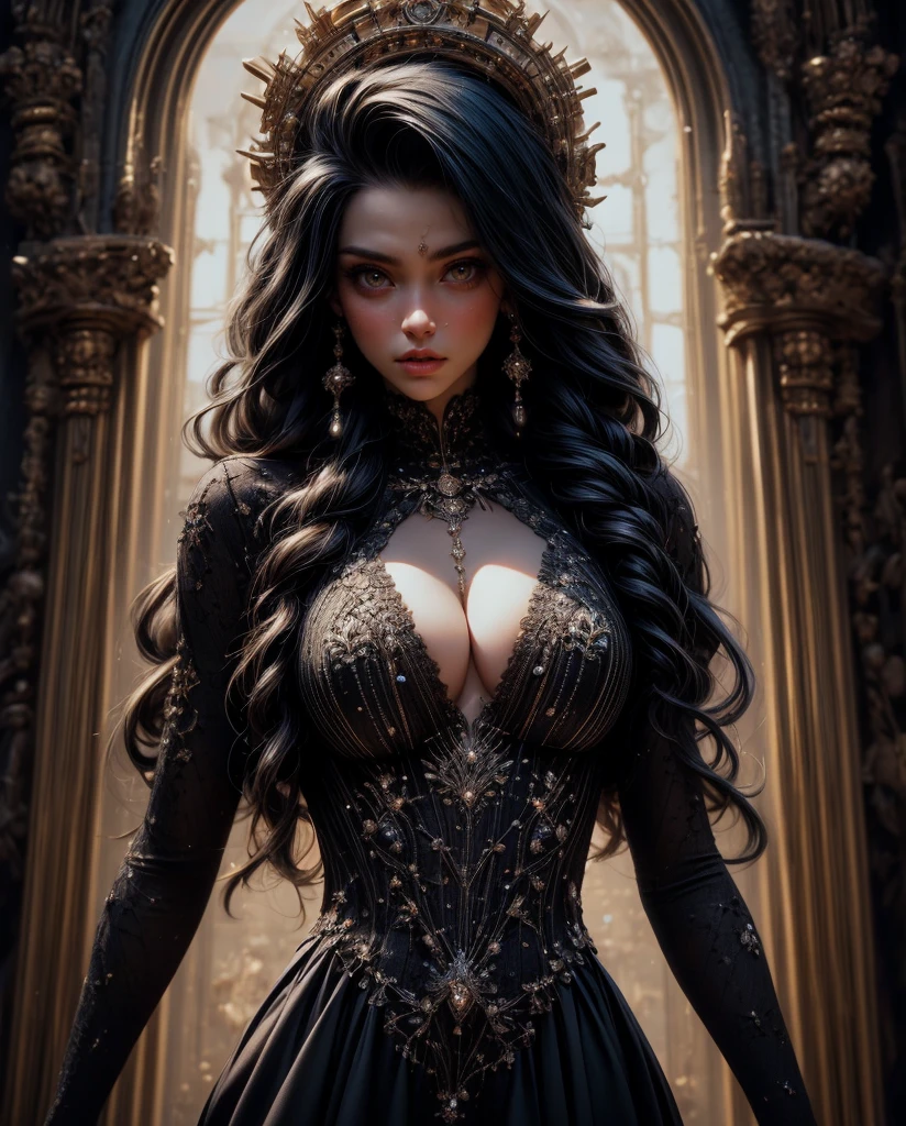 Fine illustration, ultra detailed, highres, from front, , elegant woman, elegant pose, black_dress, bodysuit, white_glistening long hair, beautiful woman, scenary world, detailed bodysuit with glittery decoration of dress, detailed embroidery, extremely layered frills, detailed texture, detailed pattern, room background,