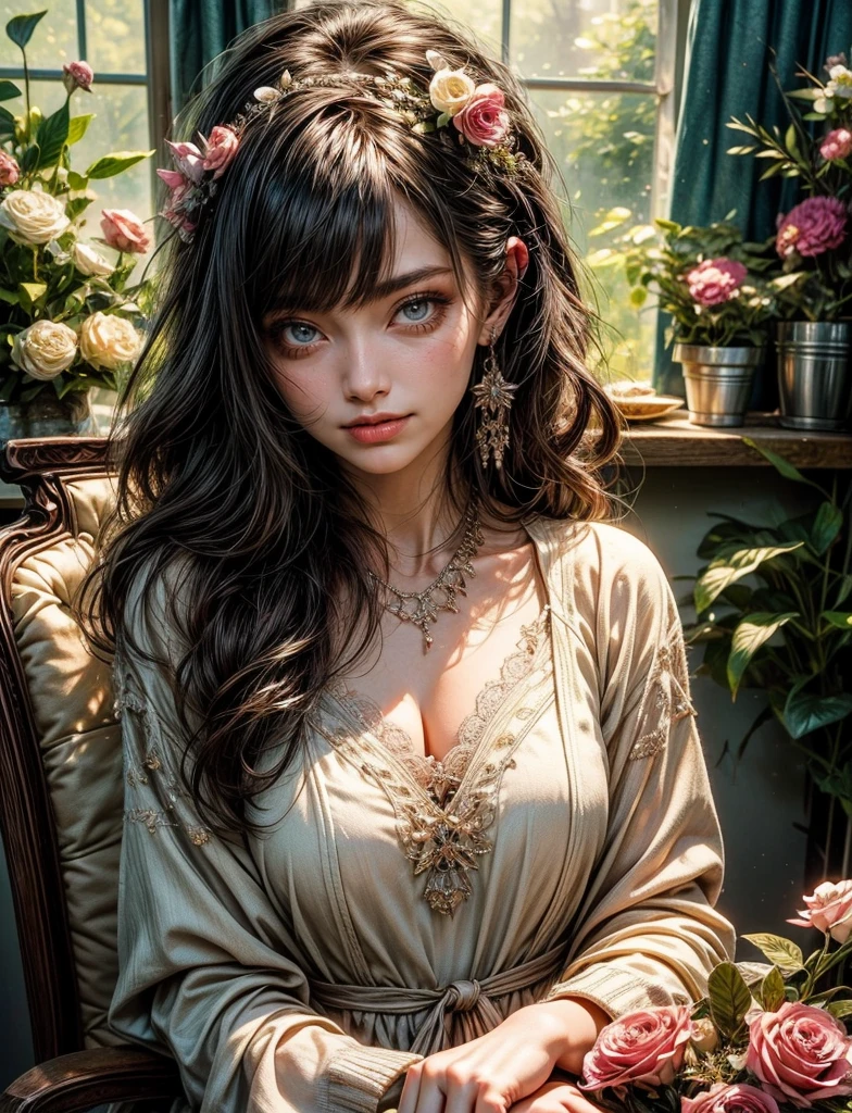 A beautiful female flower shop owner with kind eyes and a warm smile. She has long dark brown hair styled in a loose braid that falls gracefully over her shoulder. The sunlight streams through the window, casting a soft glow on her face. She is dressed in a brown and white long dress, adding to her elegance and charm.
The flower shop is a cozy room in a cottage, filled with an abundance of colorful blooms. The shelves are lined with vases of various sizes, showcasing the exquisite arrangements that the owner has skillfully crafted. The air is fragrant with the scent of fresh flowers, creating a pleasant and inviting atmosphere.
The owner is sitting on a vintage chair, surrounded by vibrant flower bouquets. She radiates happiness as she carefully arranges each bouquet, ensuring that every stem and petal is in its rightful place. Her hands move gracefully, guided by her love and passion for her craft.
The room is adorned with floral-themed decorations, enhancing the magical ambiance. Delicate fairy lights twinkle overhead, creating a soft and enchanting glow. The walls are painted in pastel shades, complementing the blooming flowers and adding a touch of whimsy to the space.
The scene is bathed in the warm hues of fantasy 00, bringing an ethereal and dreamlike quality to the image. The colors are rich and vibrant, accentuating the beauty of the flowers and the owner's serene presence.
The lighting in the room is soft and diffused, casting gentle shadows that lend depth and dimension to the scene. The sunlight highlights the intricate details of the flowers, showcasing their delicate petals and vibrant colors.
With the prompt "(best quality,4k,8k,highres,masterpiece:1.2),ultra-detailed,(realistic,photorealistic,photo-realistic:1.37),flower shop owner,beautiful female,kind,long dark brown hair,loose braid,happy,brown and white long dress,sitting on the chair with flower bouquets,cozy room,cottage,fantasy 00", Stable Diffusion will generate a high-quality image that brings to life the enchanting world of a flower shop owner in a cozy cottage.