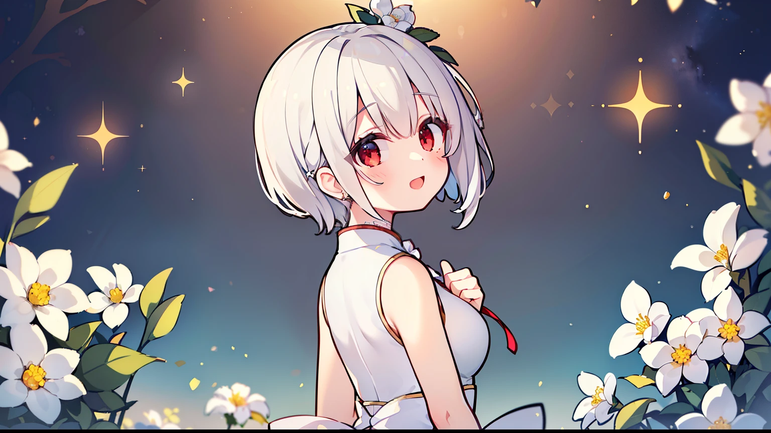 (masterpiece}, {A high resolution}, {Good anatomy}, (quality), (Extremely Delicately Beautiful), (8k CG wallpaper), (illuminations), 1 girl in, A gray hair、White cheongsam、white edges、ssmile、delight、There is a white flower on the head、eardrop,Brownish-red eyes