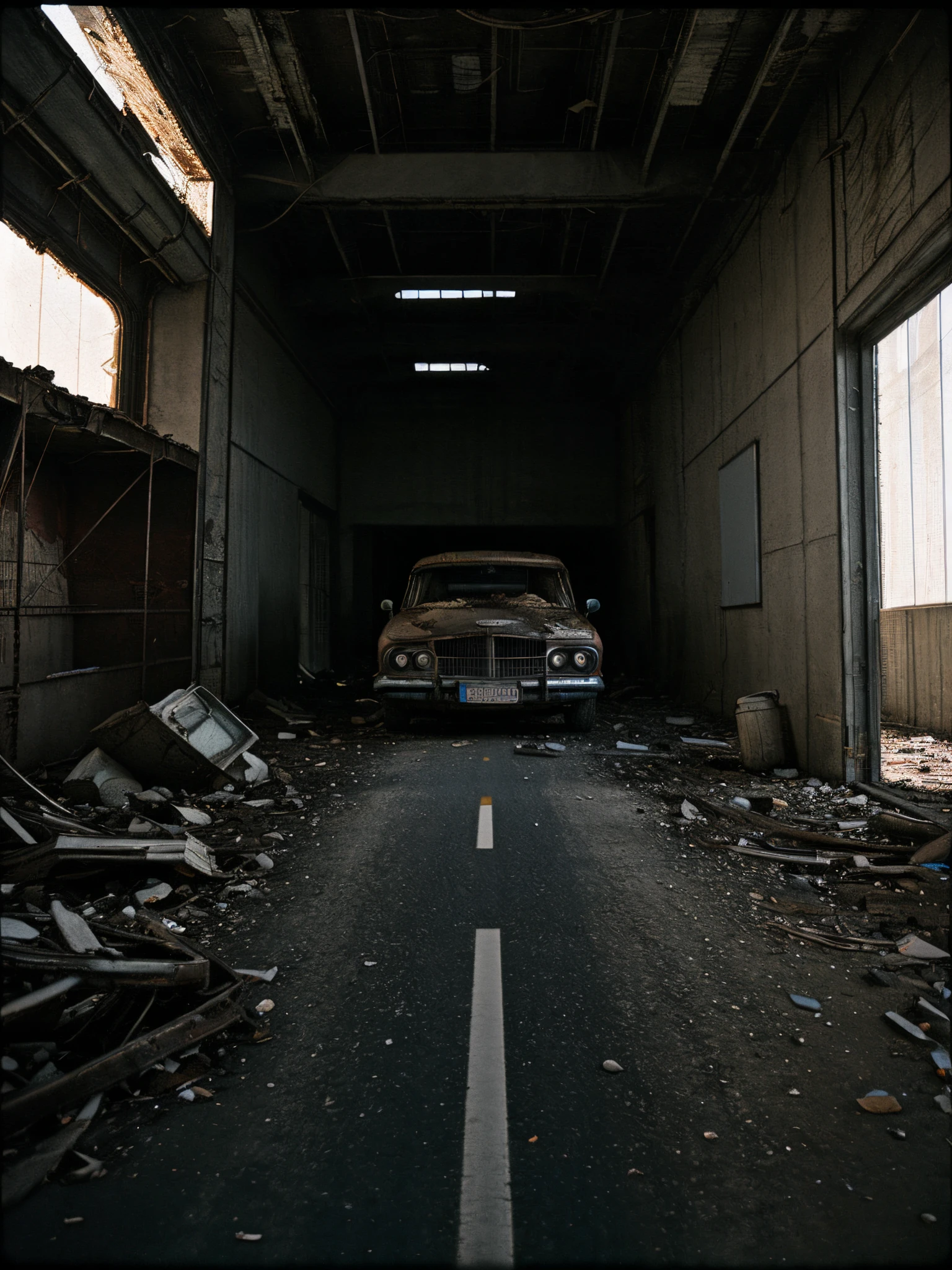 seductive and attractive, deserted road, dirt road, ((abandoned factory)), car, abandoned objects, abandoned road, apocalyptic scenery, (film grain, chromatic aberration, sharp focus, deep shadow, low key, cold light), luxury realistic photography