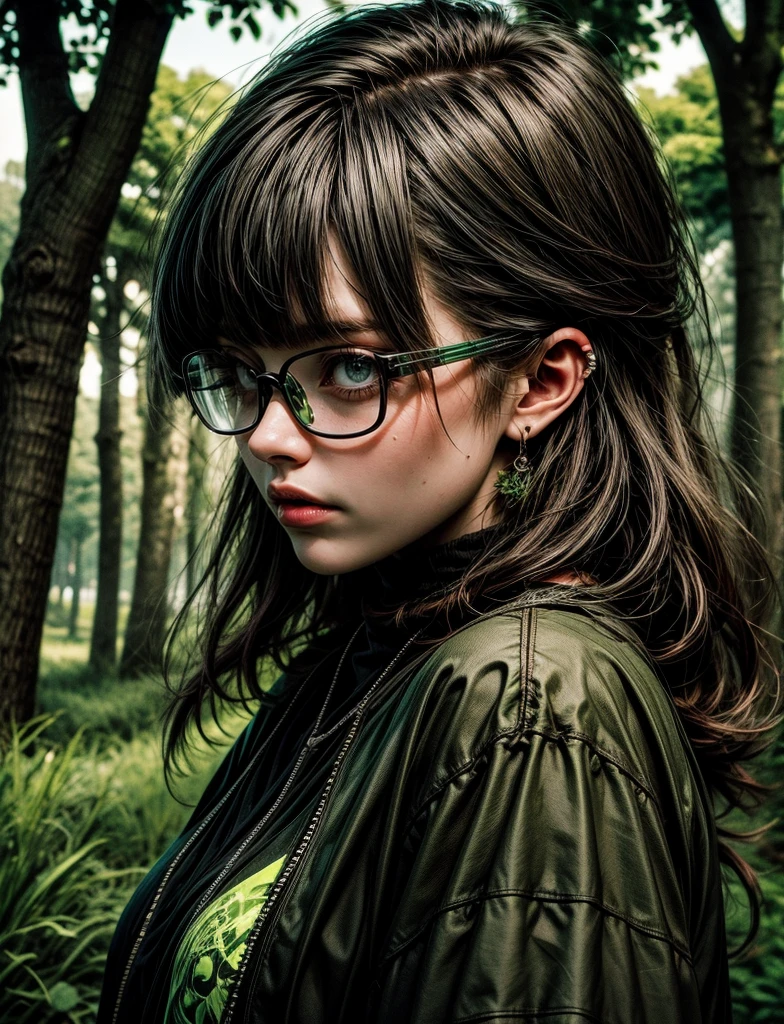 punk girl wearing glasses and a dark shirt, blurred green grass and trees in the background, short brown hair, detailed face, high quality, high resolution