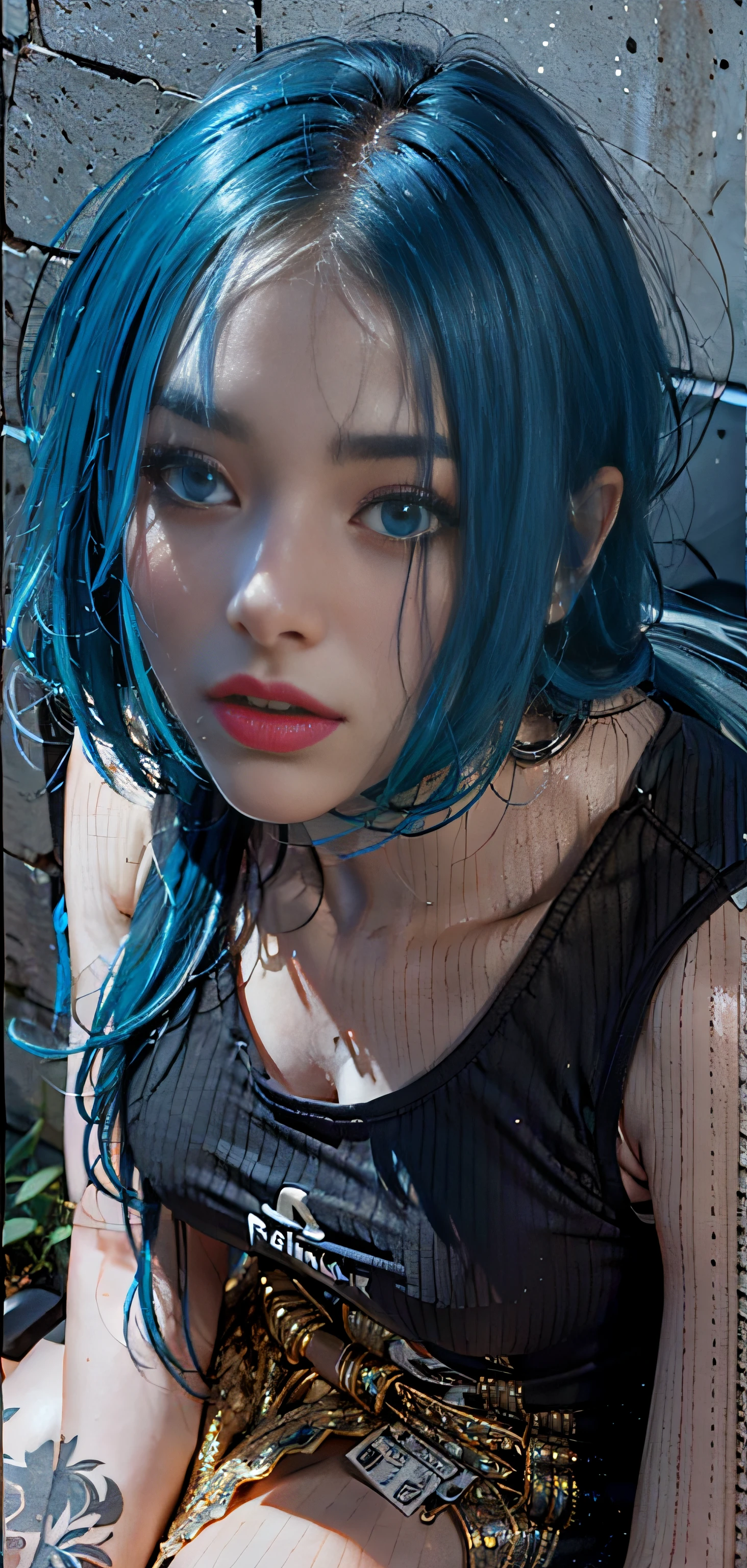 a close up of a woman with serious face, serious eyes, straight-faced, beautiful haired girl, blue hair, blue hair, rainy, rain, high quality, full body, (photorealistic:1.4), raw photo, 1girl, looking_at_viewer, makeup, solo, light smile,shadows, contrast, analog style (look at viewer:1.2) (skin texture) (film grain:1.3), (warm hue, warm tone:1.2), close up, cinematic light, sidelighting, ultra high res, best shadow, RAW, RAW photo, a 22-year-old, lipstick, soft lighting, high quality, ((soft lighting:1.4),(pale skin:1.4), highres, sharp focus, extremely detailed, (spotlight), stage, beautiful detailed eyes, masterpiece, cinematic lighting, dslr, Fujifilm XT3,