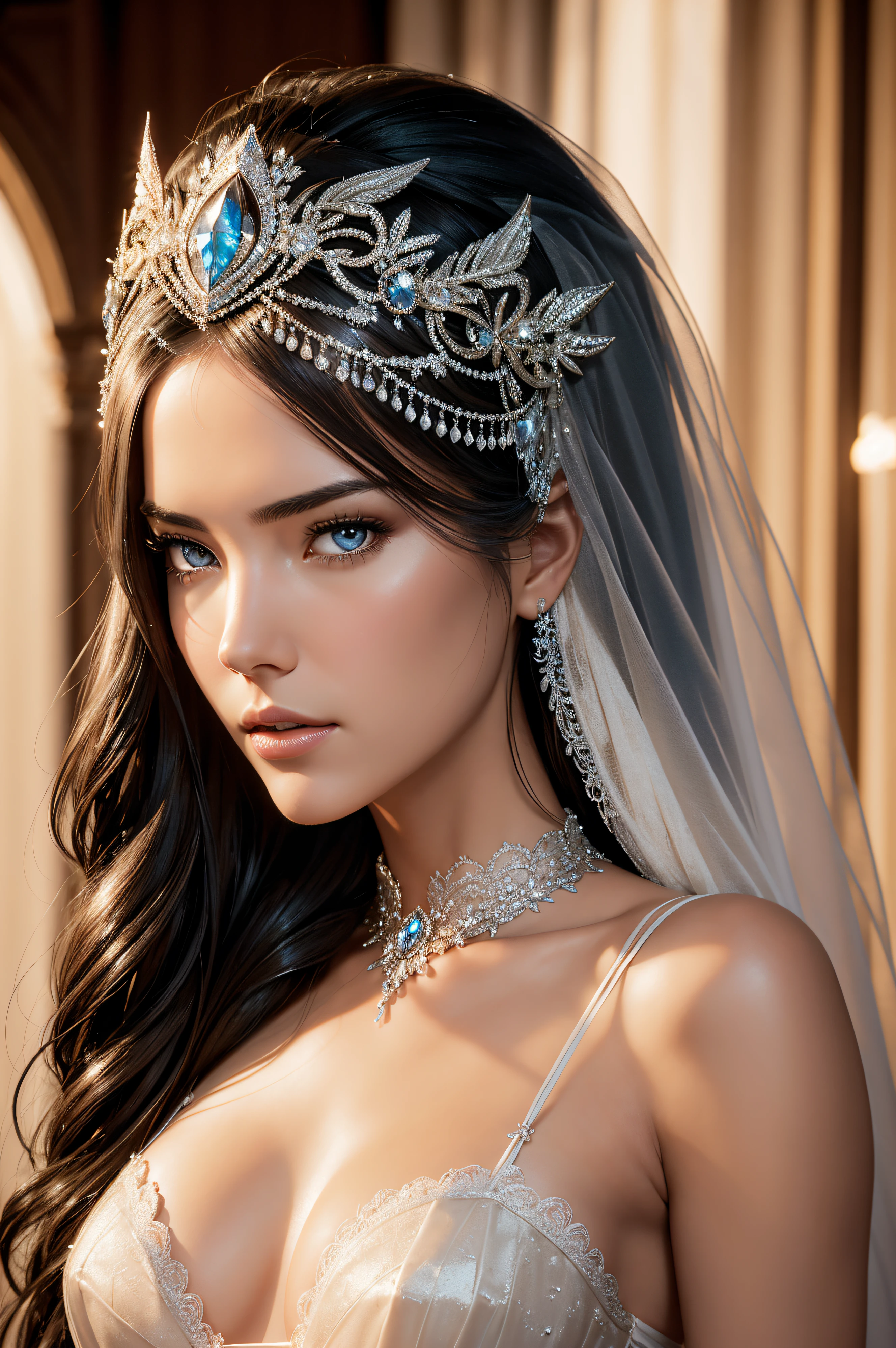 Odette Annable, wearing nude veil bride tiara corset sexy clothes transparent. professionally retouched, soft lighting, realistic, smooth face, perfect eyes, sharp focus on eyes, 8 k, high definition, insanely detailed, intricate, elegant. in a natural background.