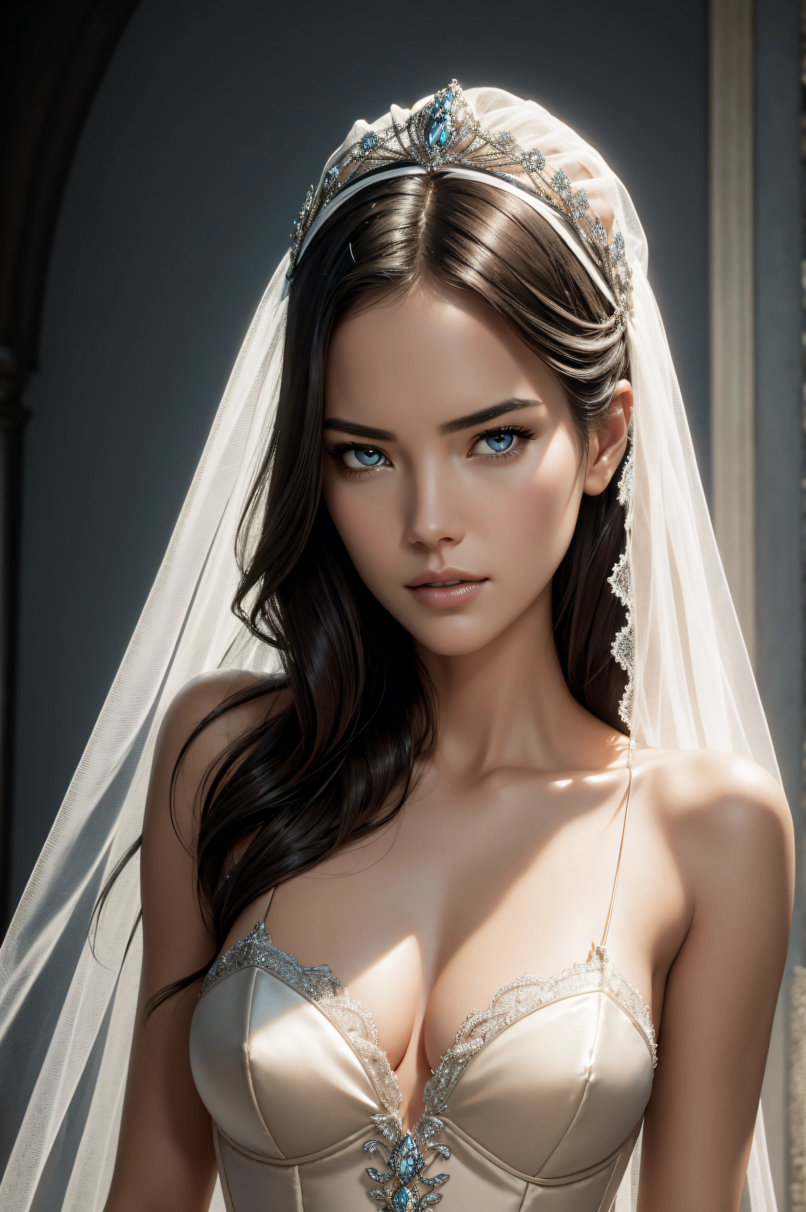 Odette Annable, wearing nude veil bride tiara corset sexy clothes transparent. professionally retouched, soft lighting, realistic, smooth face, perfect eyes, sharp focus on eyes, 8 k, high definition, insanely detailed, intricate, elegant. in a natural background.