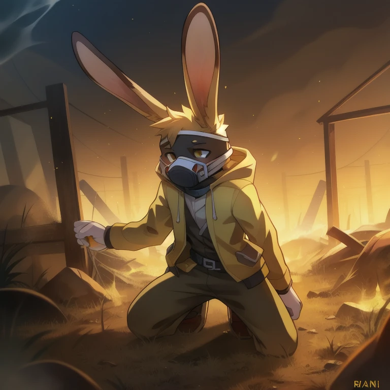 solo, male, rabbit, yellow colored fur, lean body, anthropomorphic rabbit, poisonous gas, wearing gask mask, anthropomorphic yellow army rabbits dying in the background,