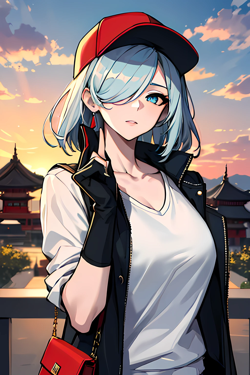 (absurdres, 8k, 4k, masterpiece, hyper extreme detailed:1.2), solo, 1girl, looking at viewer, portrait, best quality, expressive eyes, perfect face, 1girl, portrait, looking at viewer, solo, standing, Female, toned body, mature female, medium breasts, pale, teal hair, calm, medium hair, balance, long gloves, hair over one eye, yin and yang, fu hua, herrscher of sentience, Fu_Hua, hair accessories, calm, purse, posing, Temple background, cloudy skies, sunset, hair covering one eye, casual wear, baseball cap, white shirt, open jacket, half body, character \(series\)