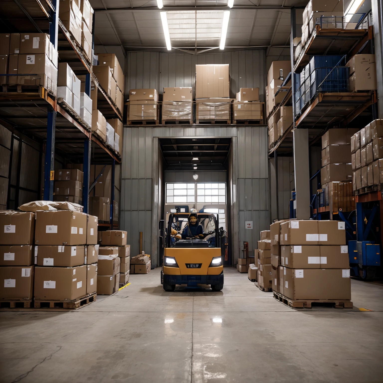 Generate a high-quality, realistic-style image depicting a scene in a logistics company. Include multiple people working, all wearing Personal Protective Equipment (PPE) and holding sophisticated equipment. Some individuals should be operating forklifts, while others carry boxes. Ensure to capture advanced details and guarantee a faithful representation of logistic activities.