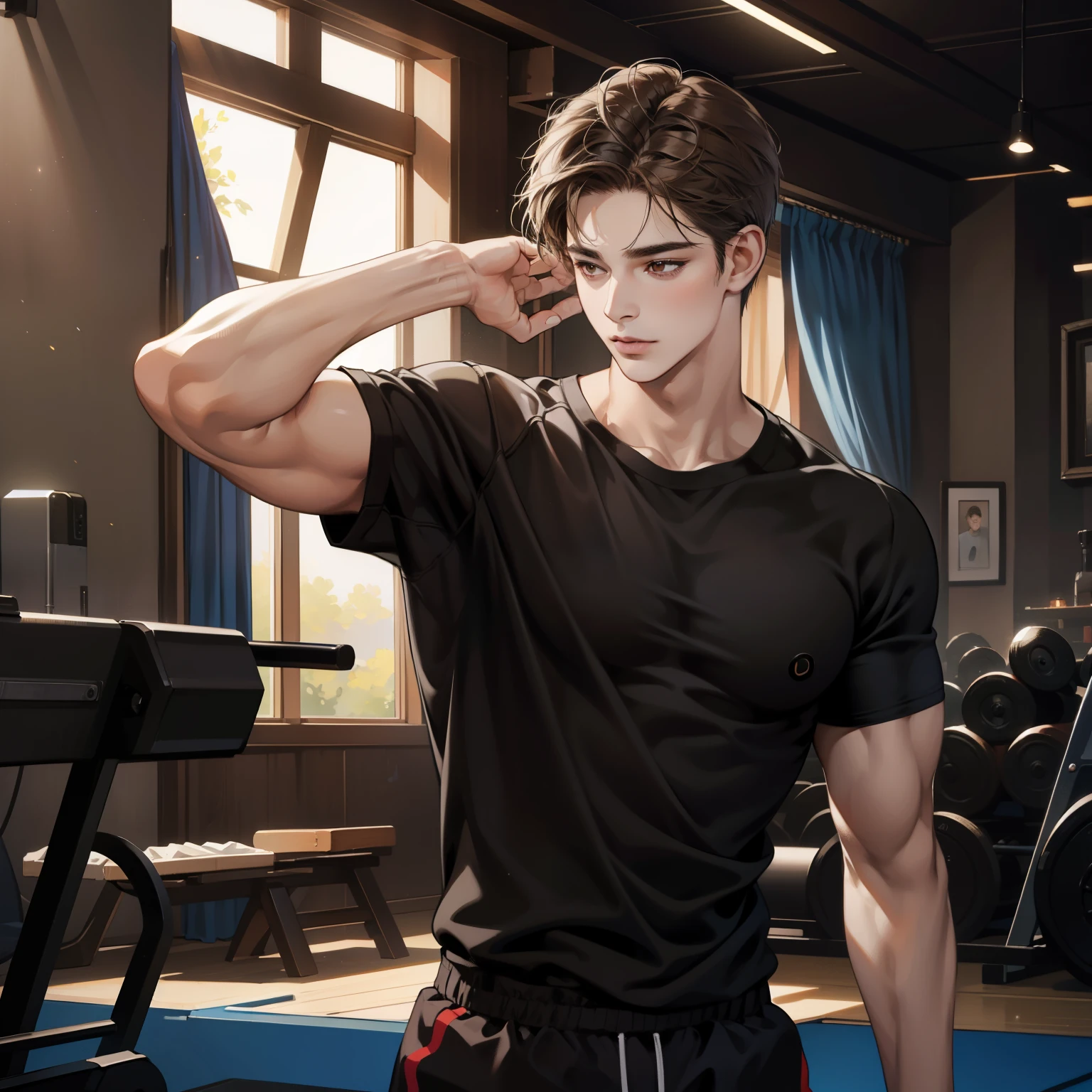 Masterpiece, high quality, best quality, HD, realistic, perfect lighting, detailed body, 1 man, brown eyes, short hair, brown Hair, black shirt, Gym background