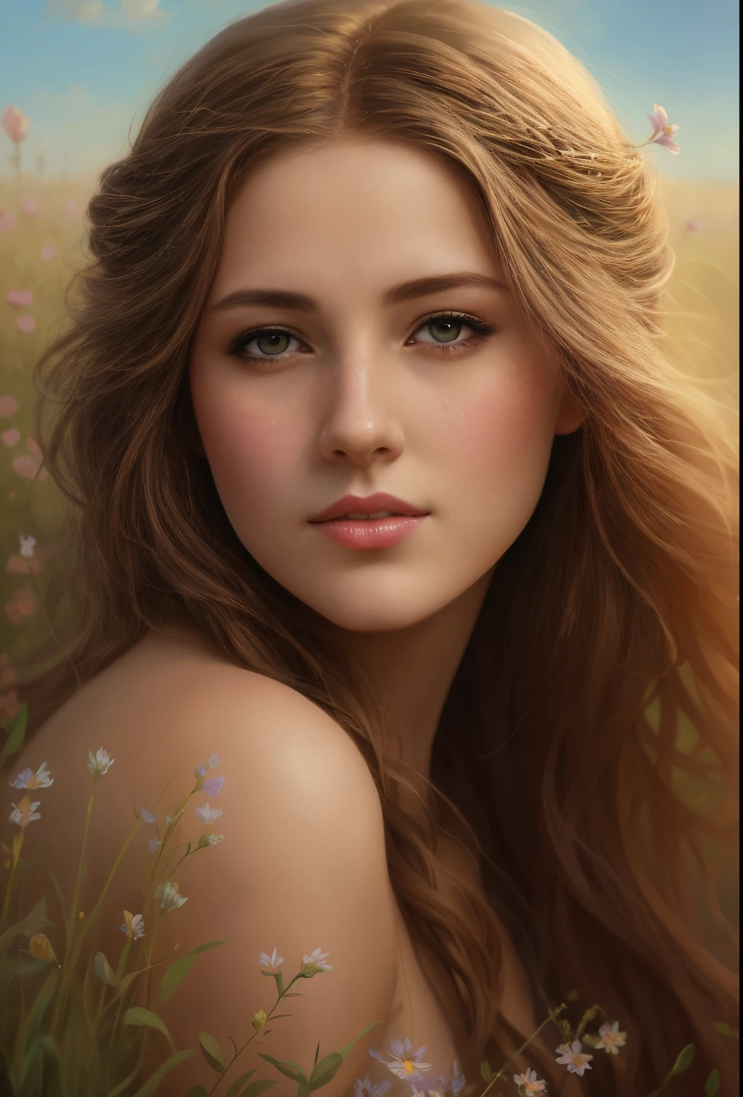 painting of a woman in a field of flowers against the sky, beautiful fantasy art portrait, Goddess in the Field of Flowers, Beautiful Maiden, gorgeous digital painting, beautiful fantasy portrait, beautiful digital painting, fantasy portrait art, fantasy art portrait, beautiful character painting, Artgerm and William Bouguereau, beautiful digital artwork, persephone, Persephone in spring