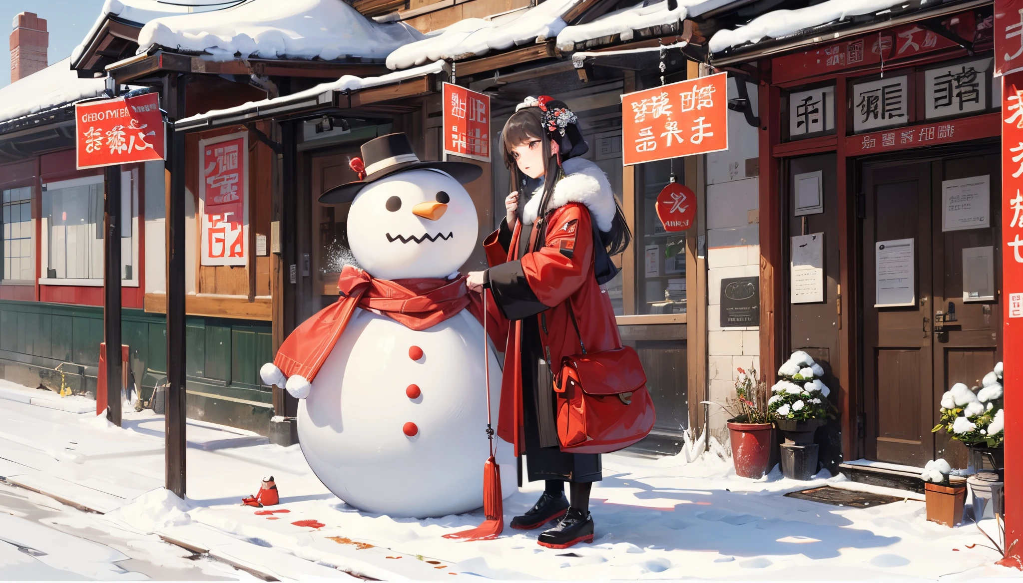 enviroment：Snowy Christmas，place：Jiangnan Water Town，A woman from the Song Dynasty of China wears a winter coat from the Song Dynasty，Building a snowman --auto --s2
