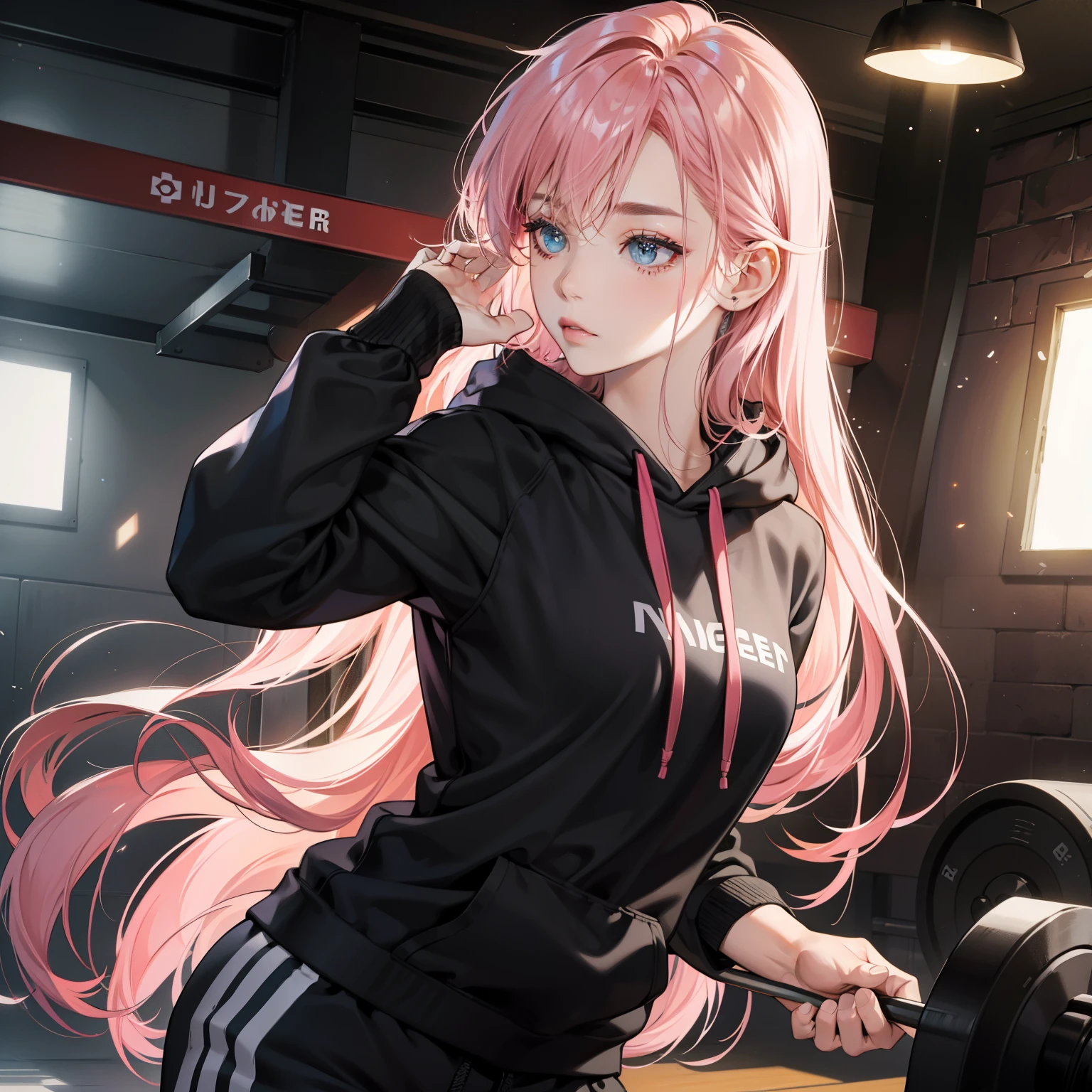 Masterpiece, high quality, best quality, HD, realistic, perfect lighting, detailed body, 1 woman, perfect eyes, long hair, pink Hair, black hoodie, in Gym background