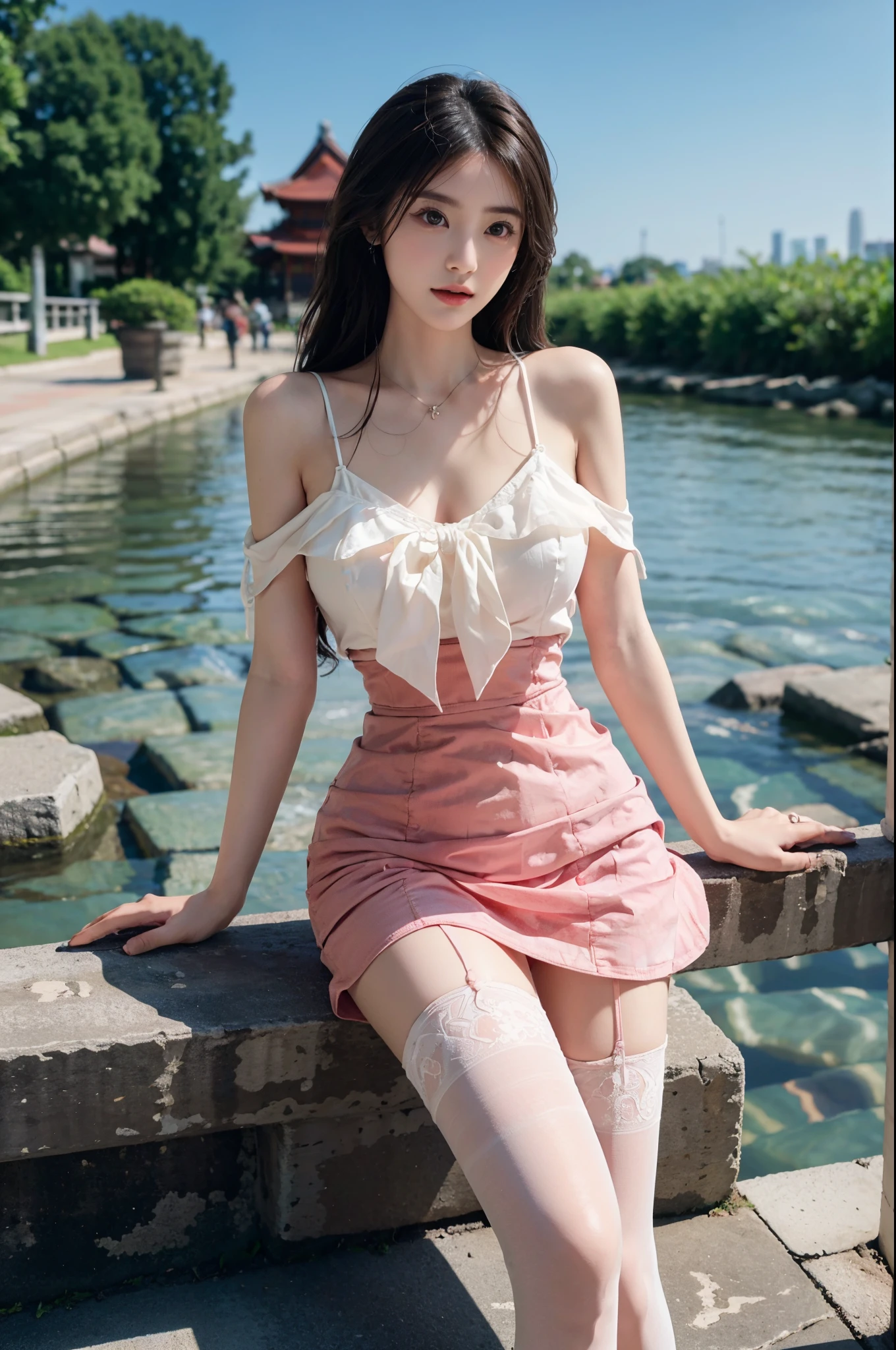 Sweet girl clothes5,high-waist skirt,jewelry,thighhighs, stlouis,(Enrich the picture,Masterpiece quality)Beautiful 8K CG artwork,Goddess-like pose,sittinng on the river,Postural exercises,Thin and soft,Translucent skin,curlies, Brown hair long, The skin is fair and juicy,Perspective Part 1.2x enhanced contour effect,Intricate and exquisite details,The background is a bit blurry,Charming and sexy legs,Japan goddess,Perfect body slim curves,Scene by the sea, Get wet all over your body