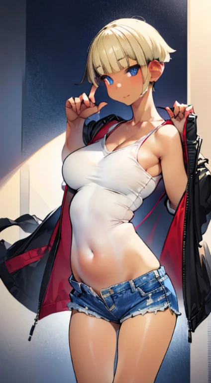 Transcendently Beautiful Girl, (masterpiece face, masterpiece eyes:1.5), (smirk:1.3), (pixie cut hair:1.3), (blonde hair, short shaved sides, very short back, very short side, under cut, side cut:1.3), BREAK, (long eyelashes, red lips), (deep skin, dark skin:1.3), bare_legs, choker, piercing, (jacket with white fur:1.2), half undress, tank top, denim shorts, (Huge_breasts, wide_lower back), (five fingers, 4fingers and 1thumb), day, busy street, Telegraph Pole, Masterpiece, best quality, captures a super cute moment, depth of field, ultra detailed, ultra high resolution, C4D, Octadale, 3D modeling, 8k, 16k,