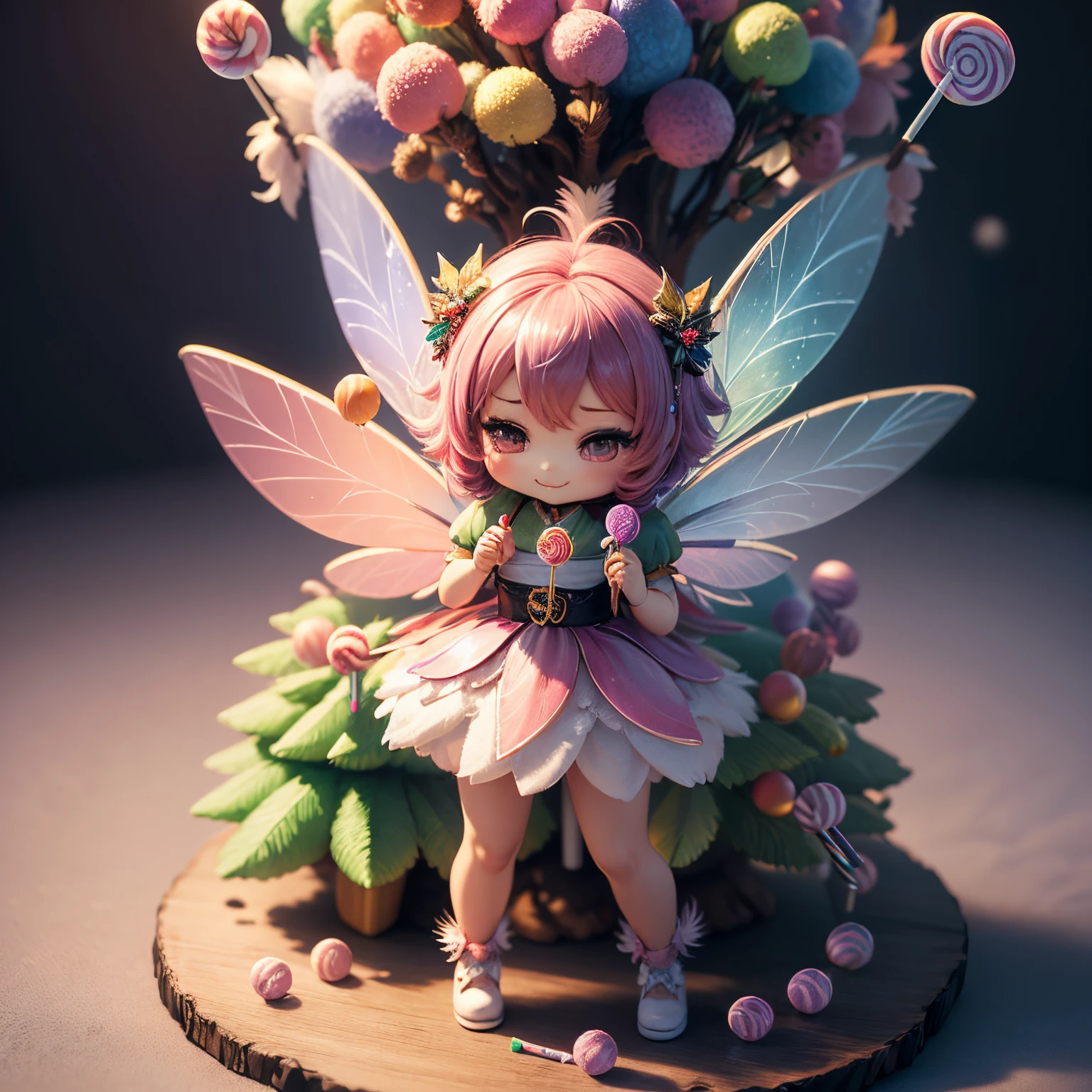 ​masterpiece、top-quality、ultra-detailliert、(Chibi Chara Fairy:1.27),(rainbow gradient feathers:1.2),(holding a bunch of lollipop candies:1.3),The background is a fairytale forest,A smile,Full-body standing figure,(Christmas tree:1.2)