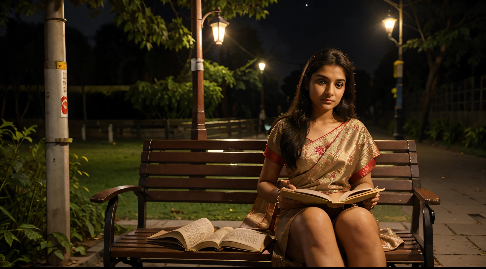 Austrian 18 years old youthful aunty in Indian style saree and reading book where sitting in the bench near the jogging path in the street lamps light at dark night