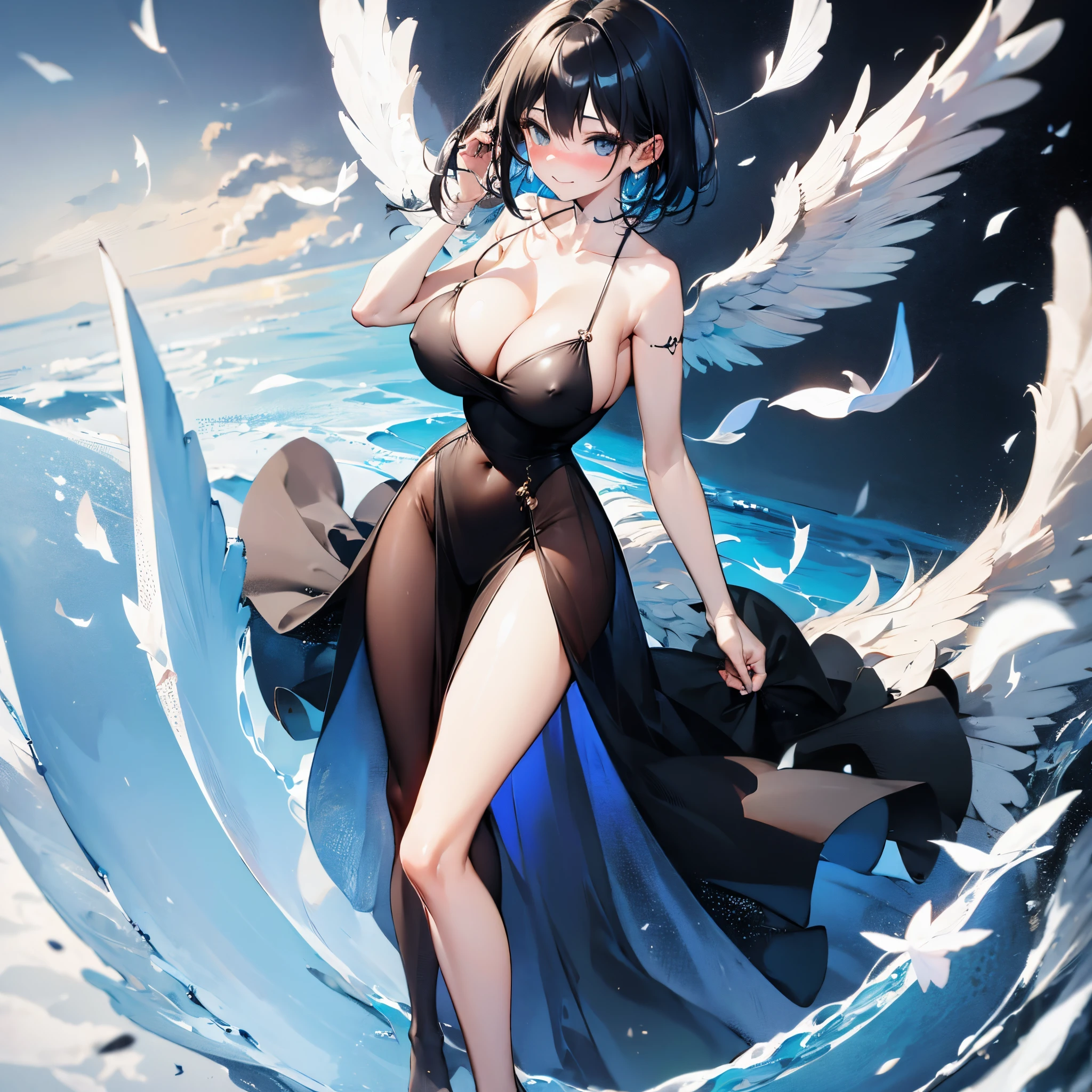 solo seraphim girl standing on peak of snowy mountain, strongly blowing frozen wind, BREAK, (she had black short hair.:1.3), (she is wearing only flapping black sheer short dress.:2.5), (her dress is plunging neckline:1.2), (her dress is black short one-piece skirt.:1.3), (her dress has shoulder strap.:1.5), BREAK, collarbone, bared slim arms, bared (thin long legs:1.2), bared neck, BREAK, (large perky breast:1.3), cleavage, BREAK, thin waist, BREAK, smile for viewer, (nose blush:1.2), BREAK, (multiple white wings on back:1.5), (multiple black wings on back:1.5), (12 large wings on back:1.2), BREAK, (orgasm:1.2), breast milk, nsfw, heavy breathing