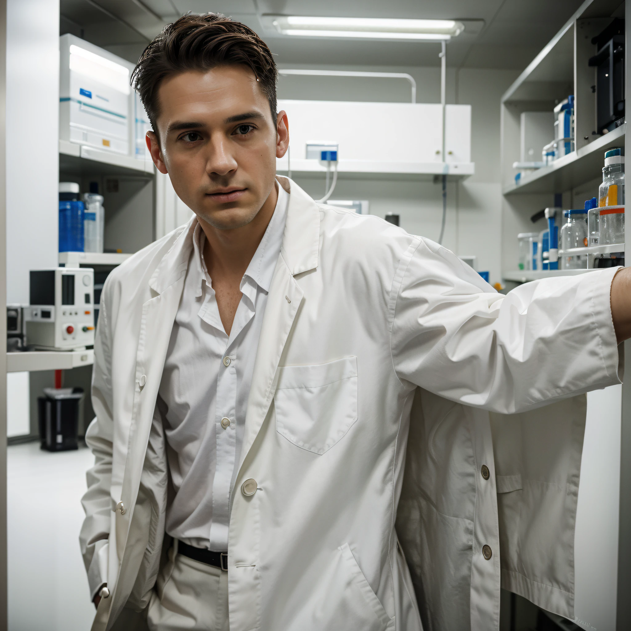 Realistic Photography, photoreallistic:1.4 Art officiel, Ultra detailded,Masterpiece, Best quality,un gars avec une blouse blanche bio scientifique ,laboratoire, pandemic, filtre effrayant sombre asile, affiche for the television,The zone is very concentrated on the fabric of the white blouse.