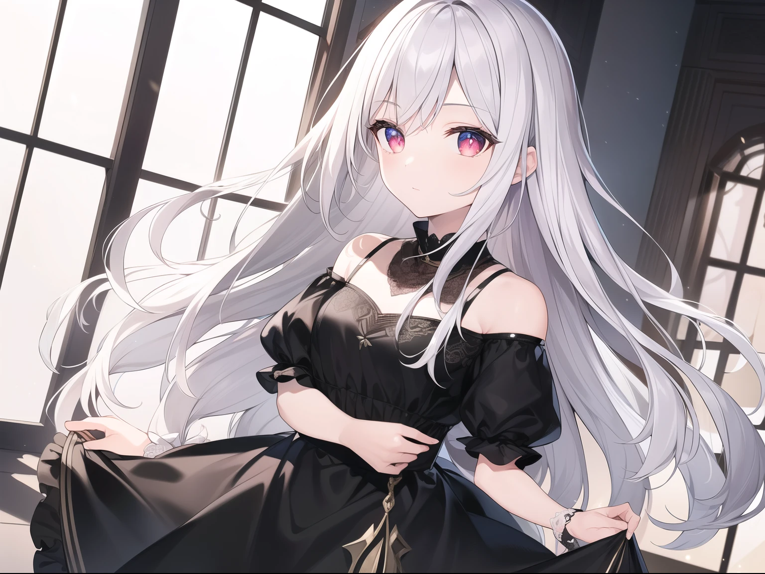 ((tmasterpiece, Best quality at best))++, detailedlight+, Detail hair+, Detail hands+ ,1 Sister, sweetheart, Long gray hair, dark red eye, pretty eyes, Young gray hair,,(beautiful white hair:1.5),(beautidful eyes), A high resolution+, blacksilk , a black skirt, Glass tones, Reflective eyeanyery detailed wallpaper, Original, ,