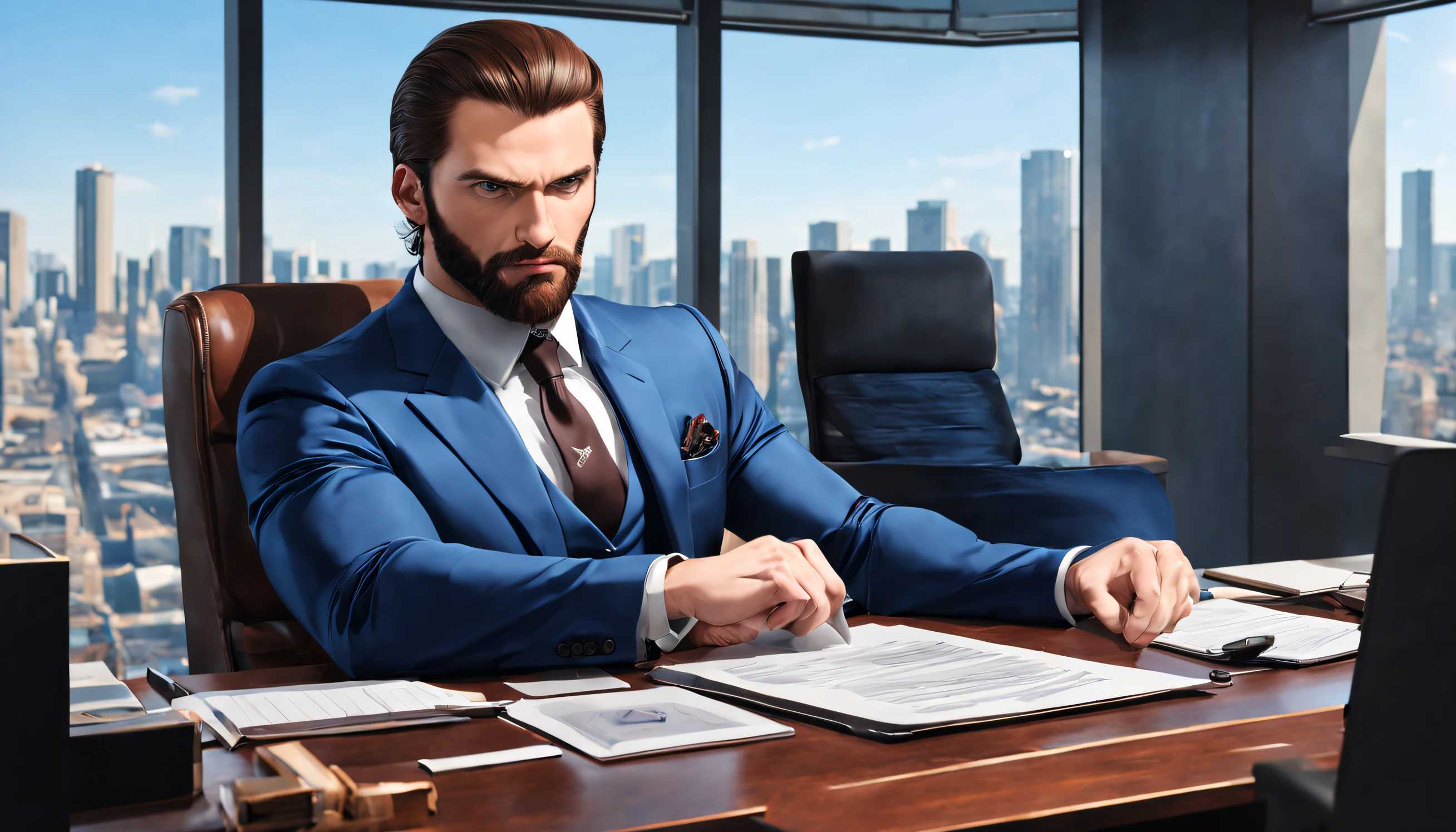 A young student named (((argo))) ((athletic)),muscular, with brown beard and slicked back hair, (intense, piercing) angry blue eyes, (strong, masculine), blue suit is sitting in a big expensive office in a armschair, window behind him with the view of the city