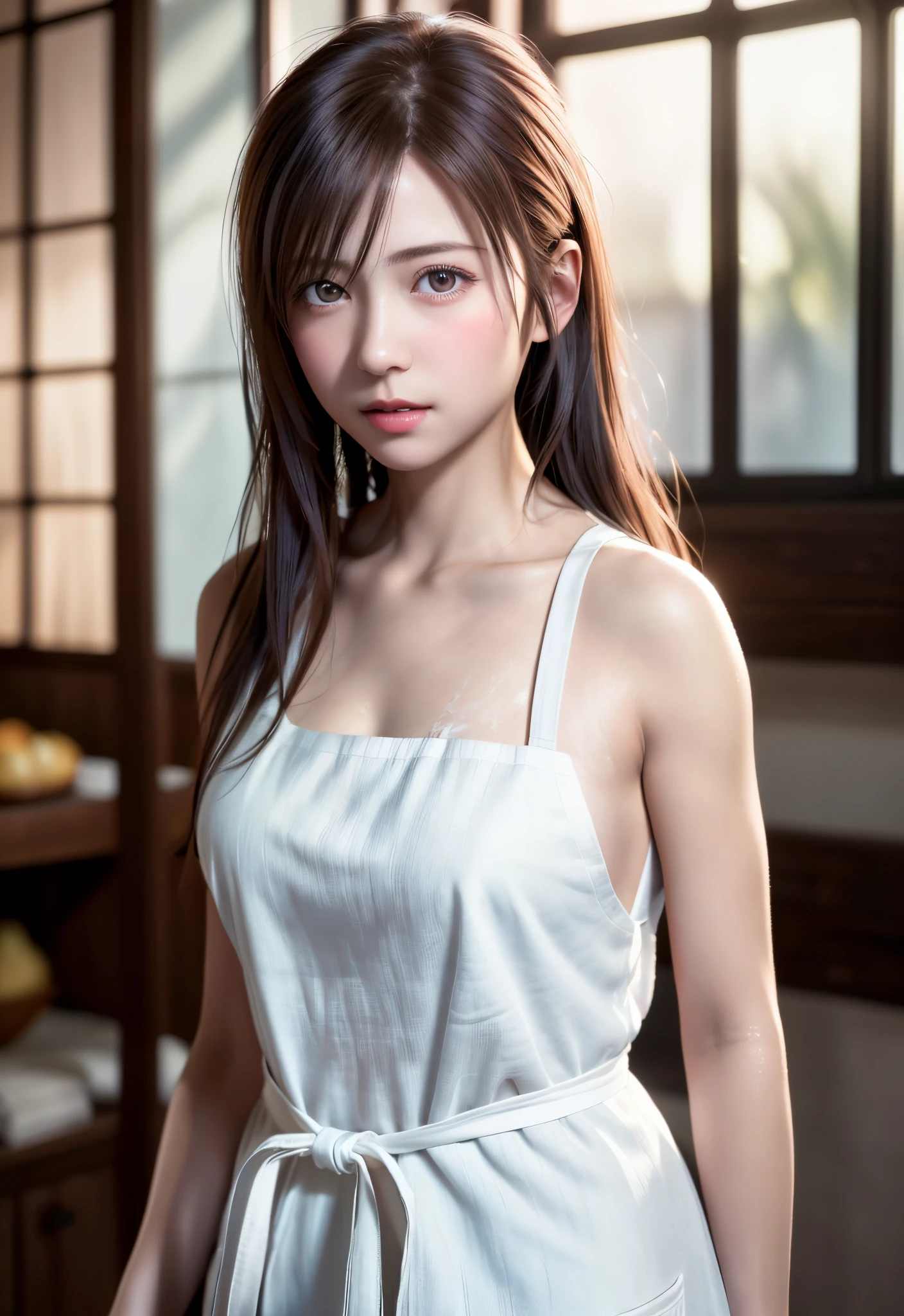8K, of the highest quality, masutepiece:1.2), (Realistic, Photorealsitic:1.37), of the highest quality, masutepiece, Beautiful young woman, Pensive expression, Gentle eyes, Apron naked、full of shyness、Hair tied back, Messy mood, Cinematic background, Light skin tone