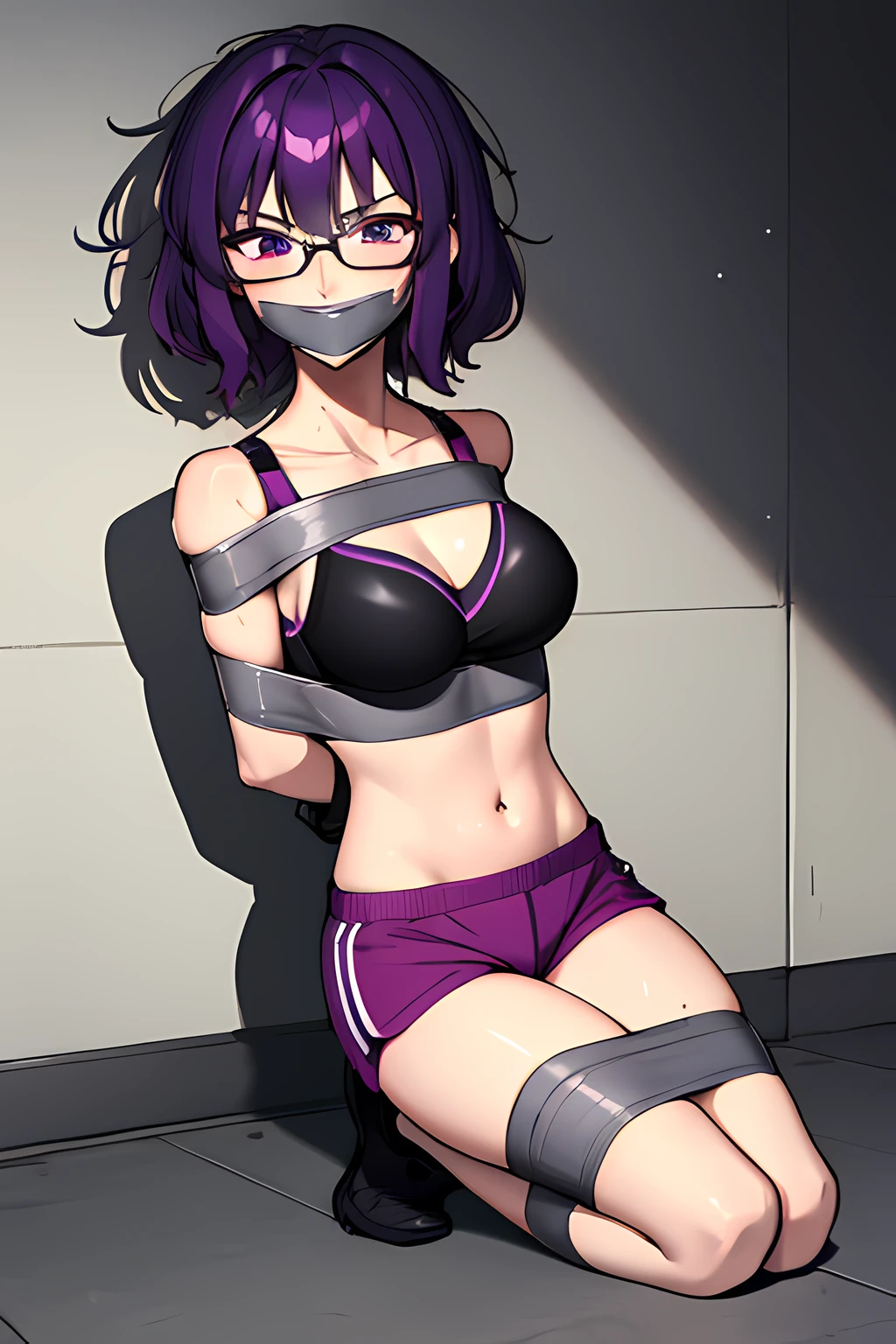 (masterpiece), best quality, expressive eyes, highres, anatomically correct, 1girl, perfect face, perfect hands, female, short hair, messy hair, wavy hair, purple hair, side bang, purple eyes, fair skin, medium chest, slight smirk, bondage, tied up, restrained, restricted, tied, harness, rope, arms behind back, hands behind back, purple glasses, purple workout bra, short gym shorts, gloves, gagged