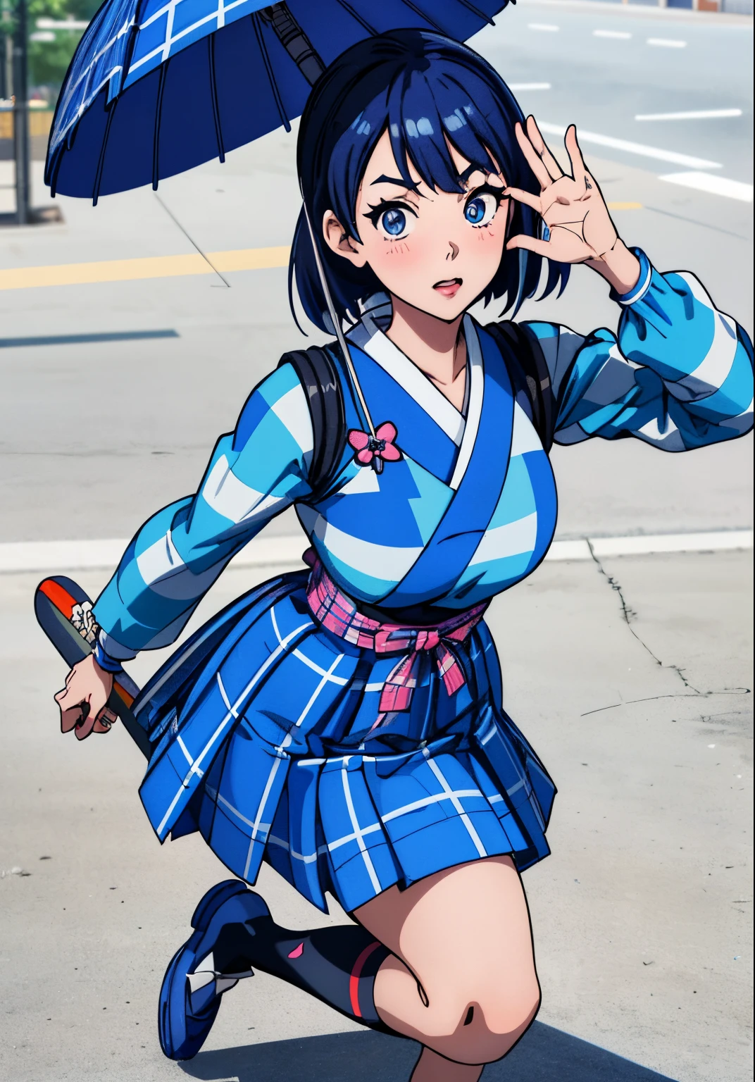 a close up of a person wearing a dress and a skateboard, extra short blue plaid skirt, blue outfit, blue checkerboard dress, amouranth, japanese girl school uniform, y 2 k cutecore clowncore, anime girl in real life, better known as amouranth, japanese school uniform, anime thai girl, anime girl , blue clothes