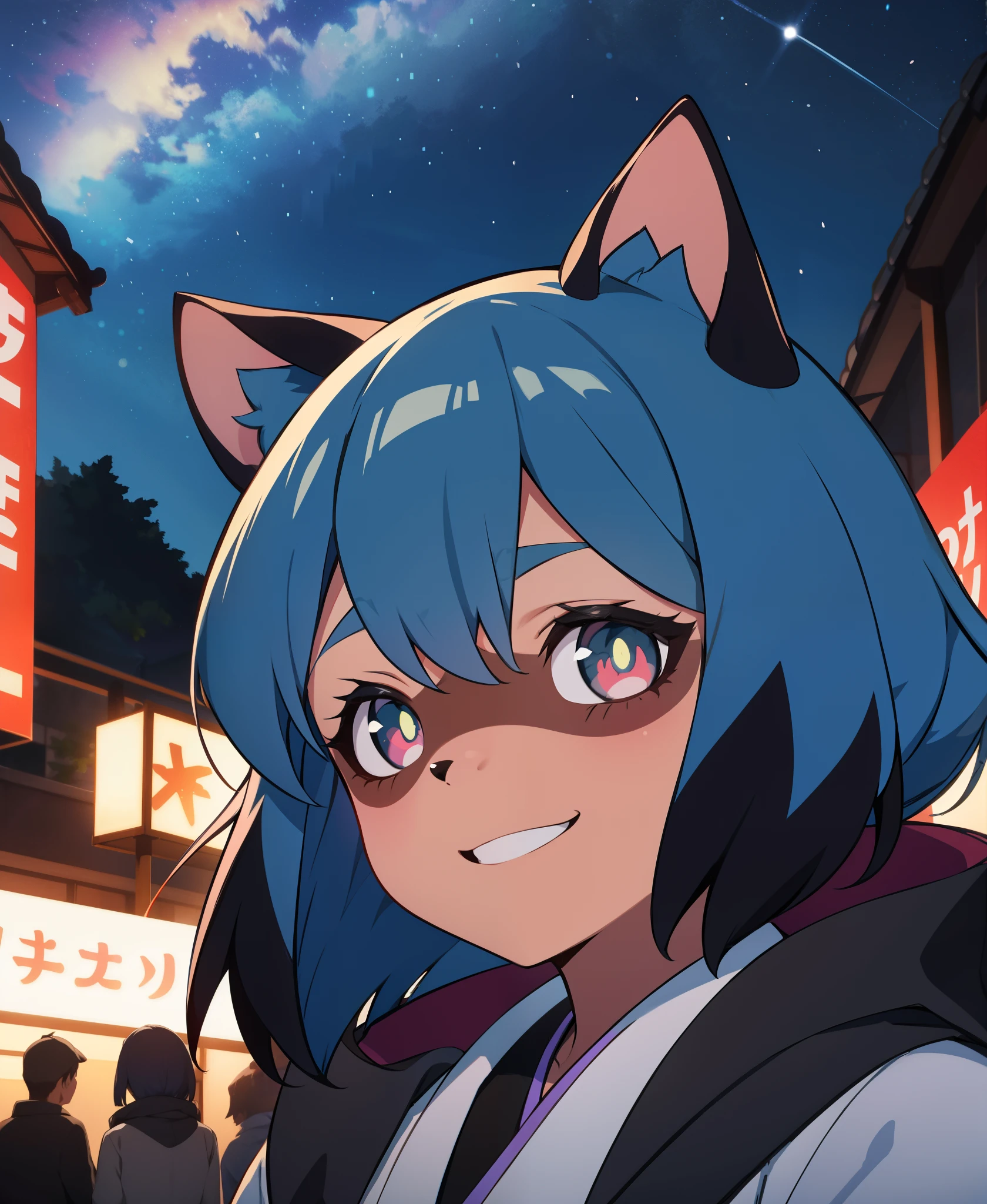 1 girl, raccoon girl, solo, furry,furry female, michiru_kagemori, blue hair, multicolored eyes, animal nose, animal ears,(tail), (high quality, best quality, (4k), hi res, masterpiece, beautiful, high details),  happy, smiling,night, japanese streets, obi,starry sky, festival,