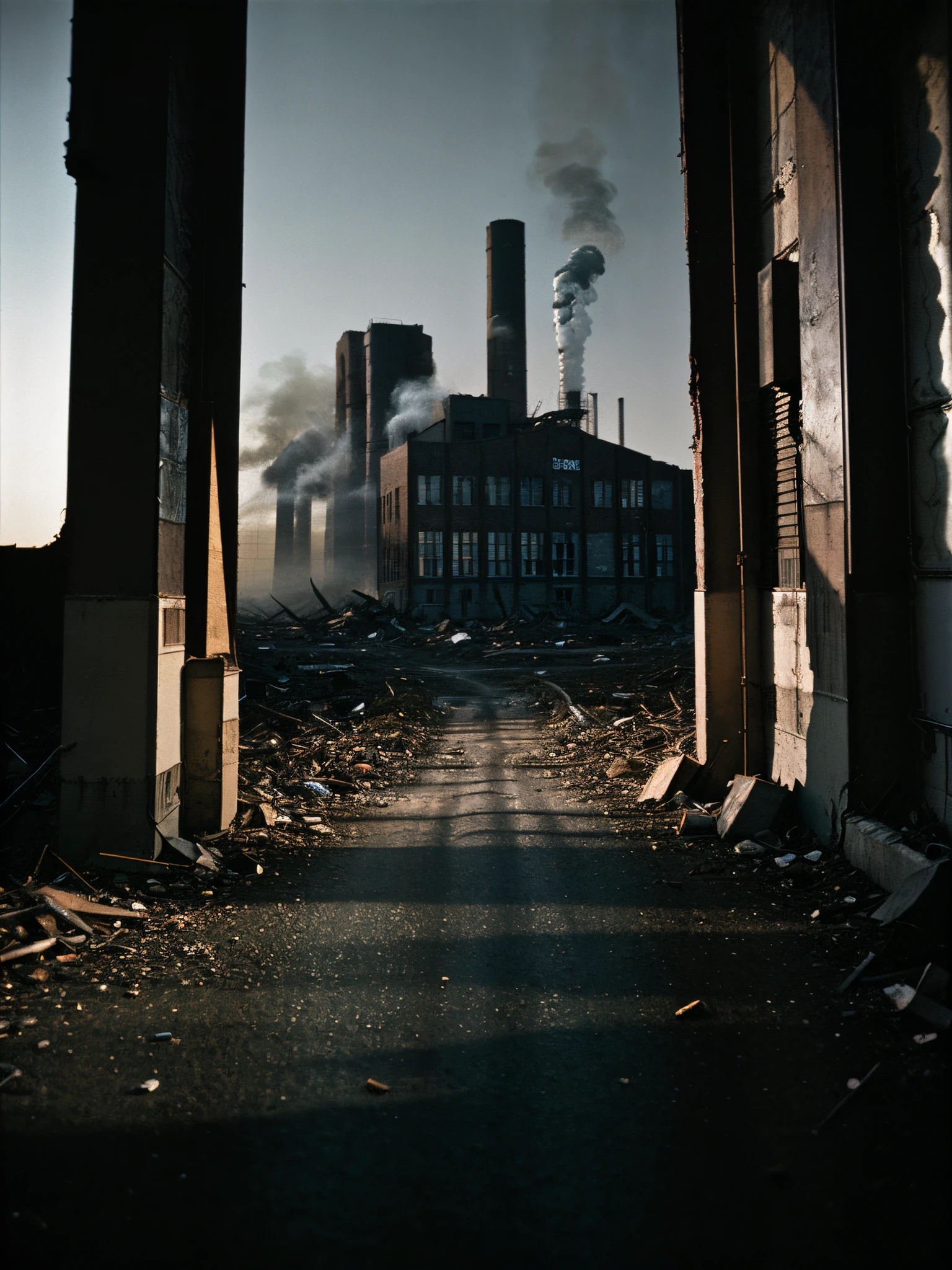 seductive and attractive, deserted road, dirt road, ((abandoned factory)), chimney, smoke, abandoned objects, abandoned road, apocalyptic scenery, (film grain, chromatic aberration, sharp focus, deep shadow, low key, cold light), luxury realistic photography