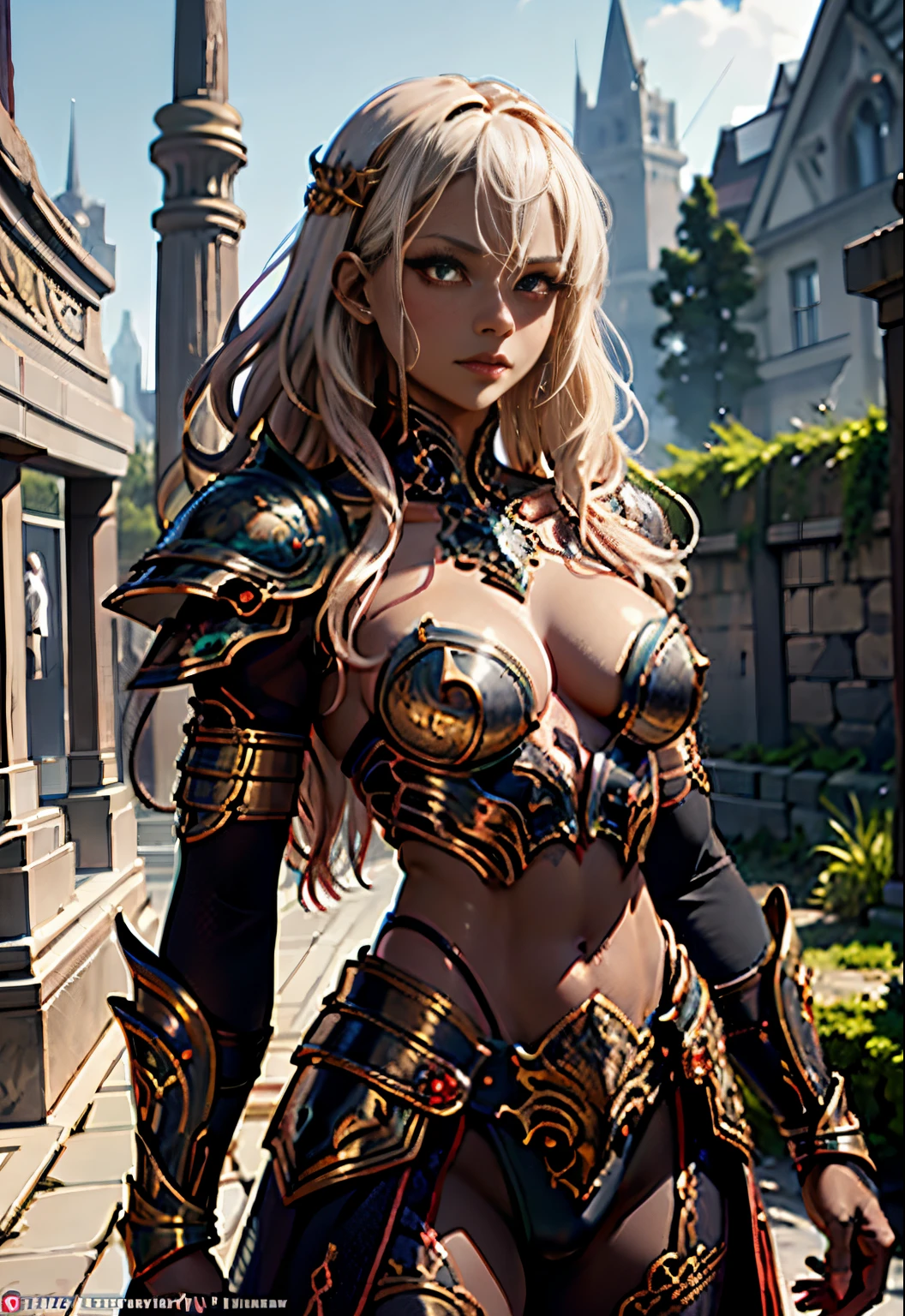 Beautiful Alluring fantasy african warrior, white curly hair, black skin, obsidian skin, Bare Skin, gold ornaments, armor bikini, chain bikini armor, Athletic Well Toned Body, Elegant Form, Bare Skin, at a volcanic ancient temple, Barely Clothed, cleavage, Beautiful Face, Ominous Gothic Theme, fantasy theme, Fiverr Dnd Character, Octane Render, Digital Art, Extreme Detail, 4k, Ultra Hd, Polished, Beautiful, Hyperdetailed, Intricate, Elaborate, Meticulous, Photorealistic, Sharp Focus, Wlop, Character Design, Unreal Engine, 3d Rendered, Volumetric Lighting, Reflections, Glossy, Digital Illustration, Pose, Suggestive Pose, Lewd, Full Body Shot, anatomically correct 💖❤💕💋❣