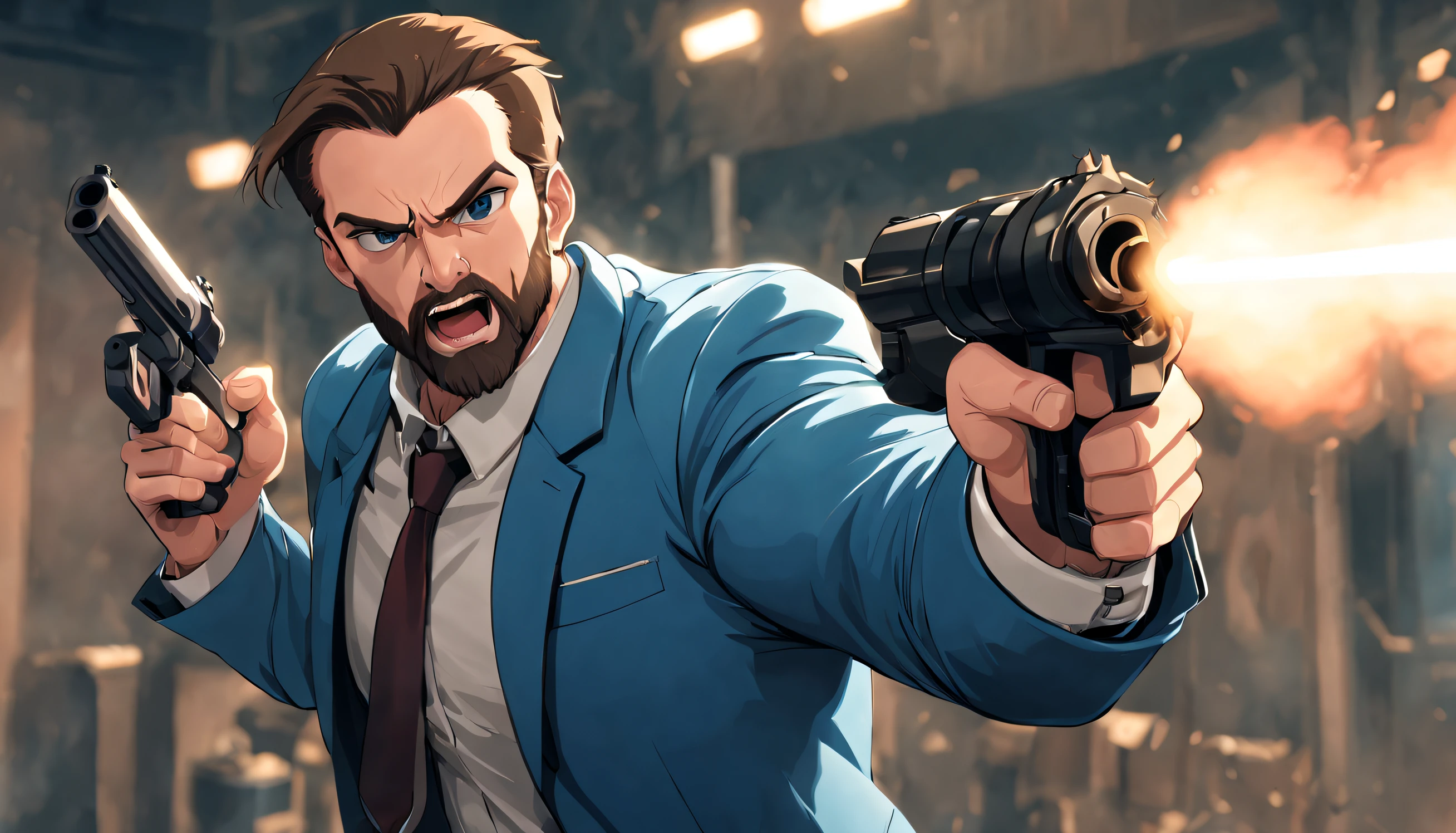 A young student named (((argo))) ((athletic)),muscular, with brown beard and slicked back hair, (intense, piercing) angry blue eyes, (strong, masculine), blue suit, is shooting a tommy gun, into the camera, and screaming animation style